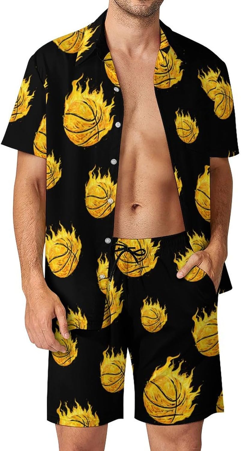 Fire Basketball Ball Flaming Men's Summer Beach Outfits Shirt And Shorts Set 2 Piece Vacation Swimwear