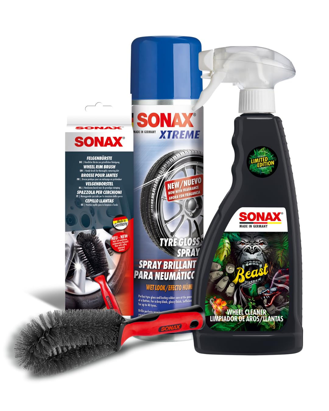SONAX Wheel & Tyre Care Kit | Beast Wheel Cleaner 1ltr | XTREME Gloss Spray 400ml | Rim Cleaning Brush | Black Shiner | Tire Shining | Alloy Cleaning Spray | Foam Washing