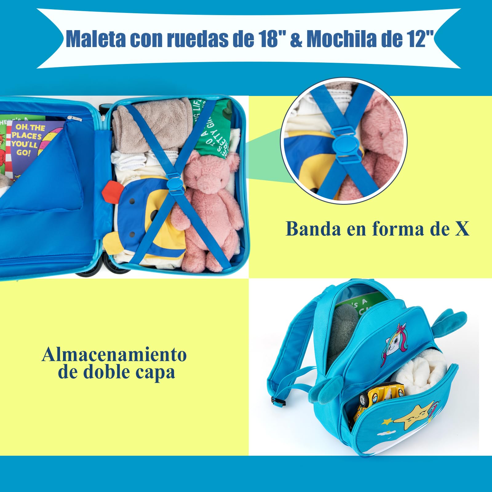 SOARS Juego de Maletas de Viaje Cabina para Niños, Trolley con Ruedas Correpasillo 40L, 18" Maleta con Ruedas + 12" Mochila Infantil con Asa y Correas Ajustables, Multifuncional (Unicornio Azul)