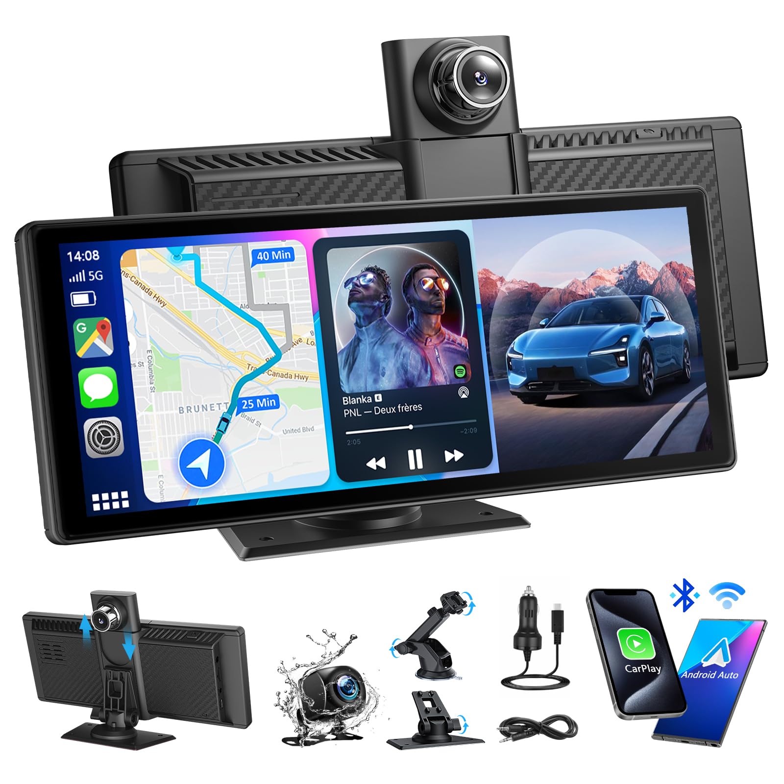 8.88 Pulgadas Pantalla Carplay Coche, Pantalla de Coche con CarPlay y Android Auto Inalámbricos, con Dashcam 4K/Cámara Trasera HD 1080P, Bluetooth, Mirror Link, Navegación GPS, FM, AUX, 64G TF