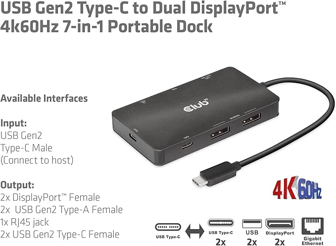 Club3D Hub USB Tipo C a Doble Displayport 7 en 1 4K60Hz miniatura 4