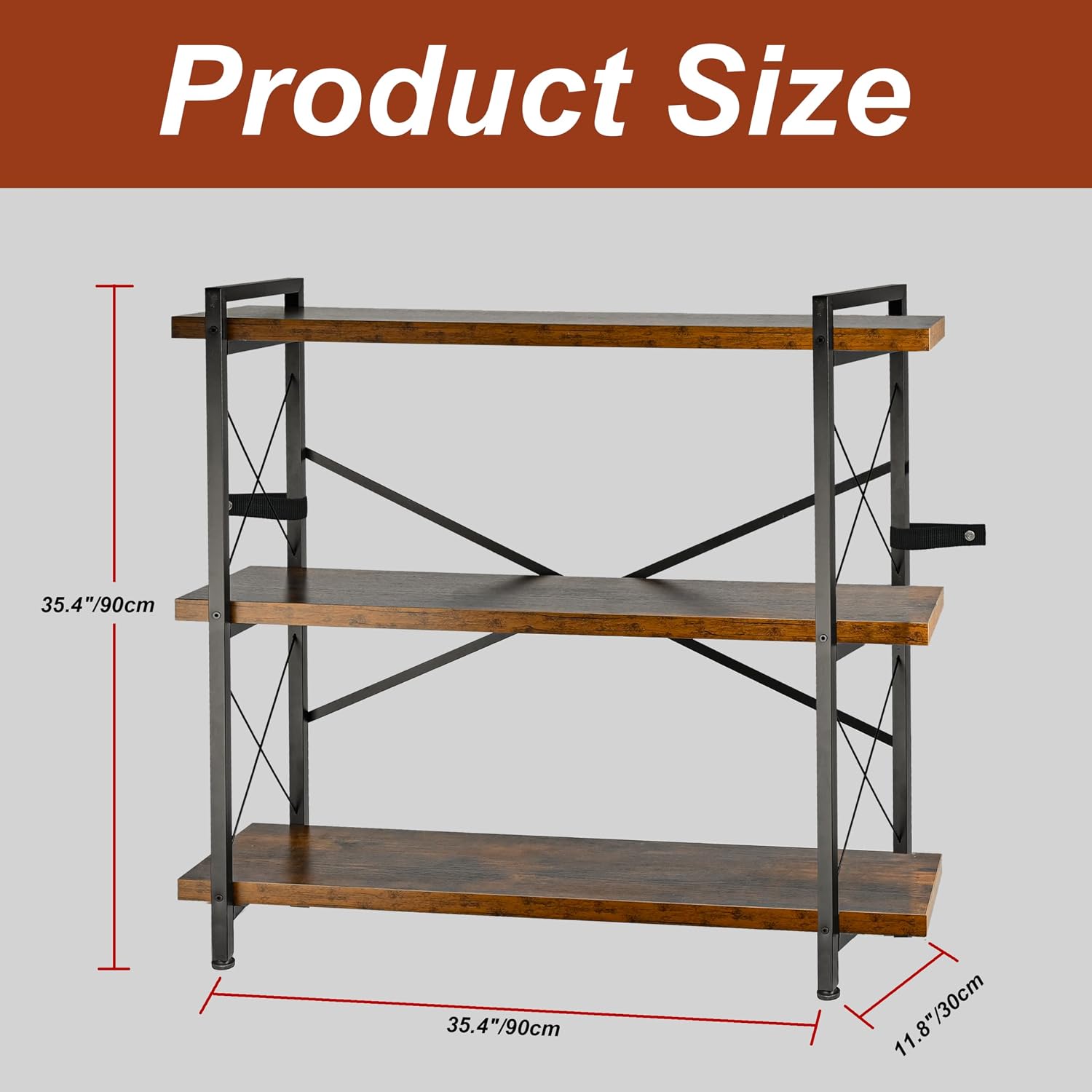 Bookshelf, Rustic Open Book Shelf, Wood and Metal Horizontal Bookshelves (3-Tier)
