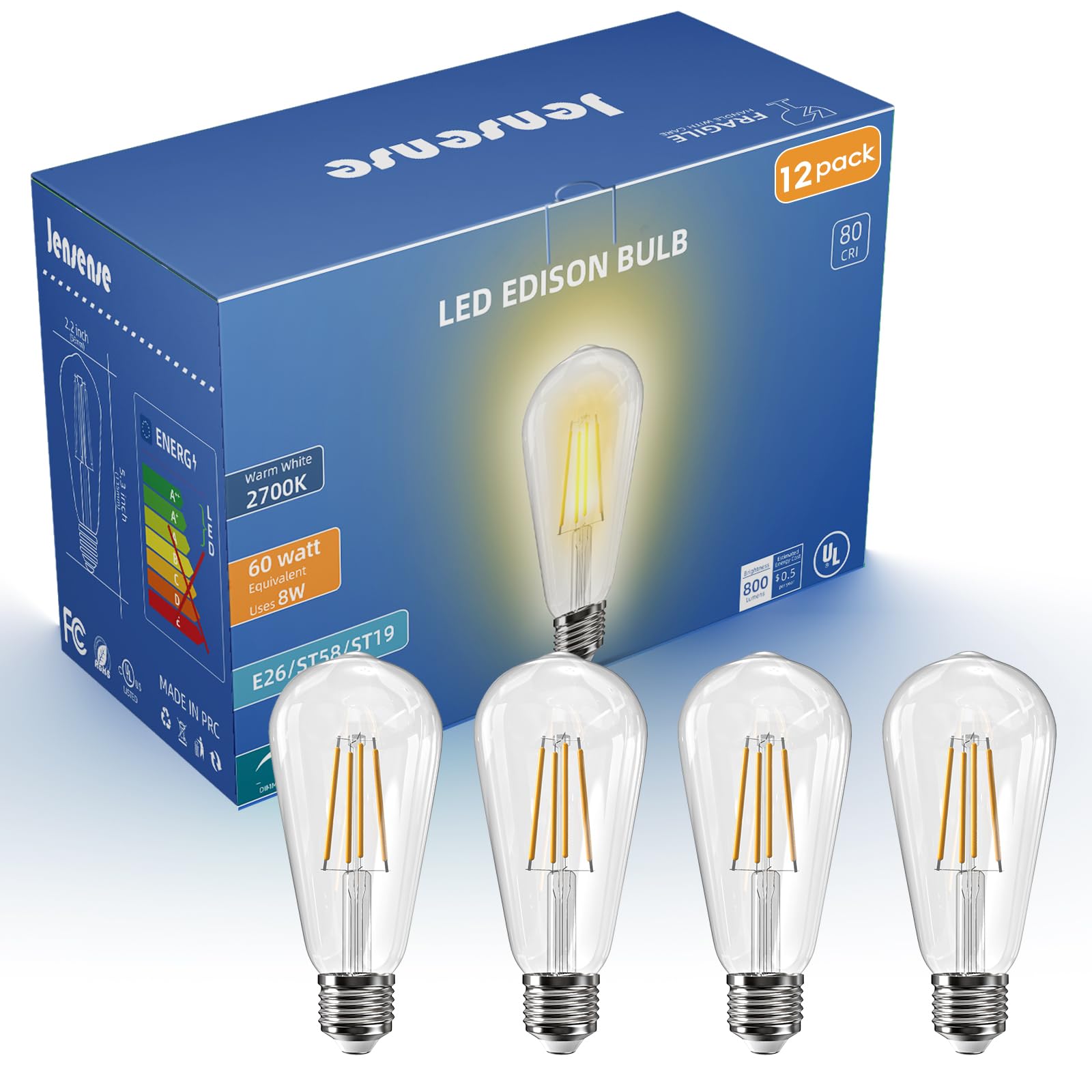 Jensense Edison Bulbs E26 LED Bulb 60 Watt Equivalent, Vintage LED Light Bulbs CRI90+ ST19, Dimmable Clear Light Bulbs (2700K Warm White, 7watt-12 Pack)