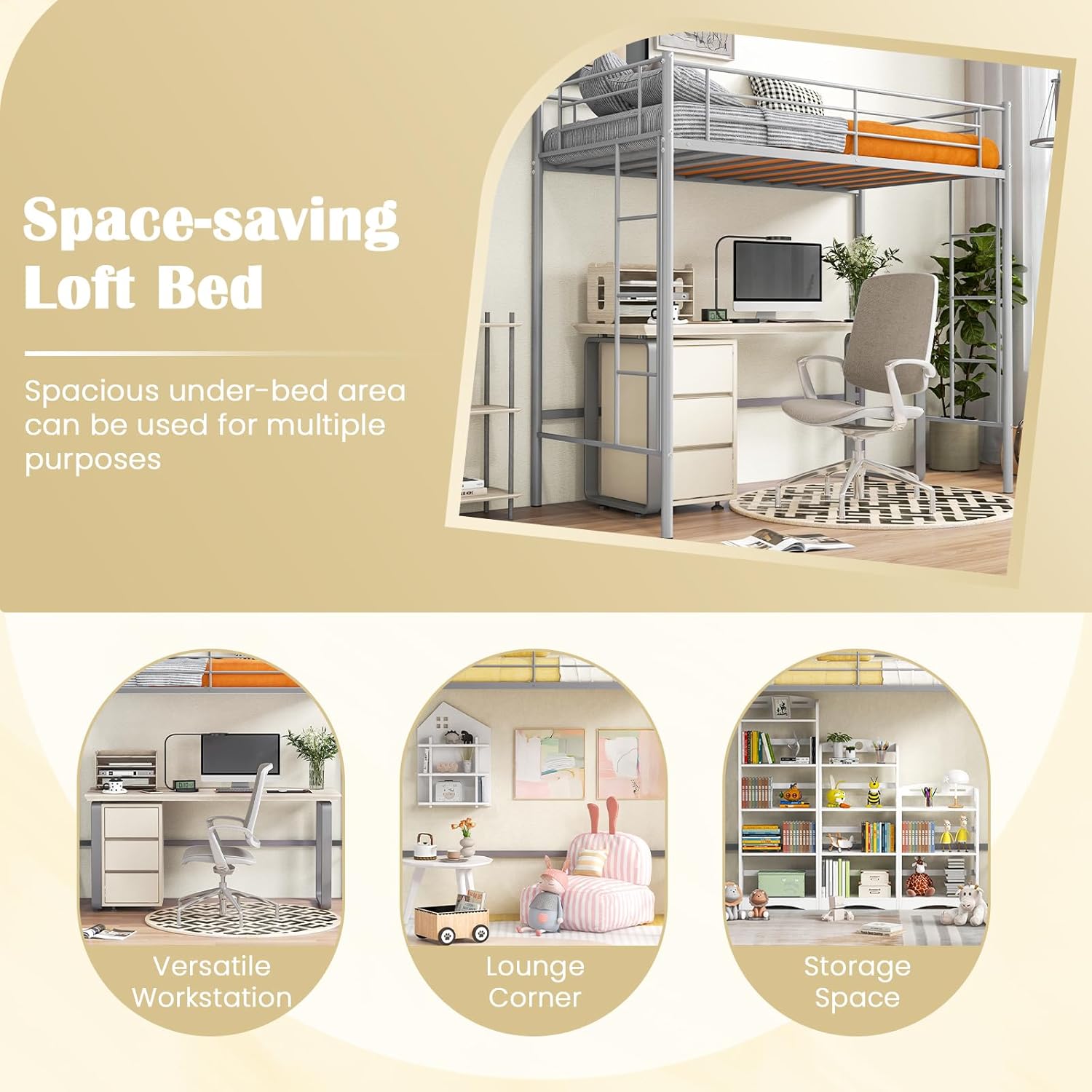 Illustrations demonstrating various uses for the space-saving under-bed area of the Giantex Metal Twin Size Loft Bed, including a workstation, lounge corner, and storage space.