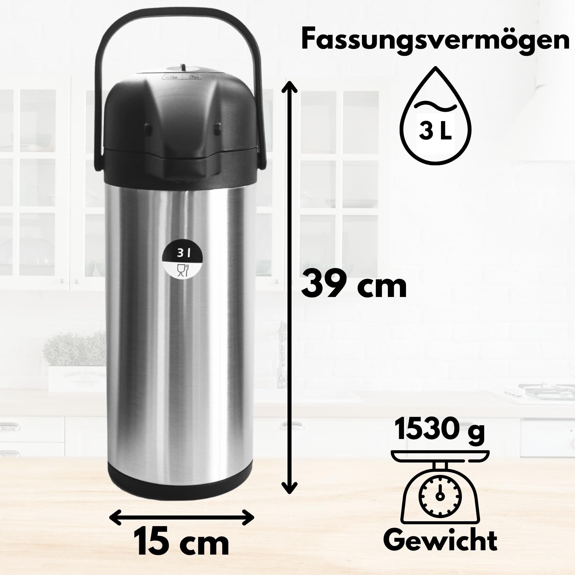 Airpot Pumpkanne 3l Isolierkanne Thermoskanne isolierte Kaffeekaraffe Kaffeekanne Gastro Kaffeespender auch für Camping aus Edelstahl & GRATIS-HLKauf-Block