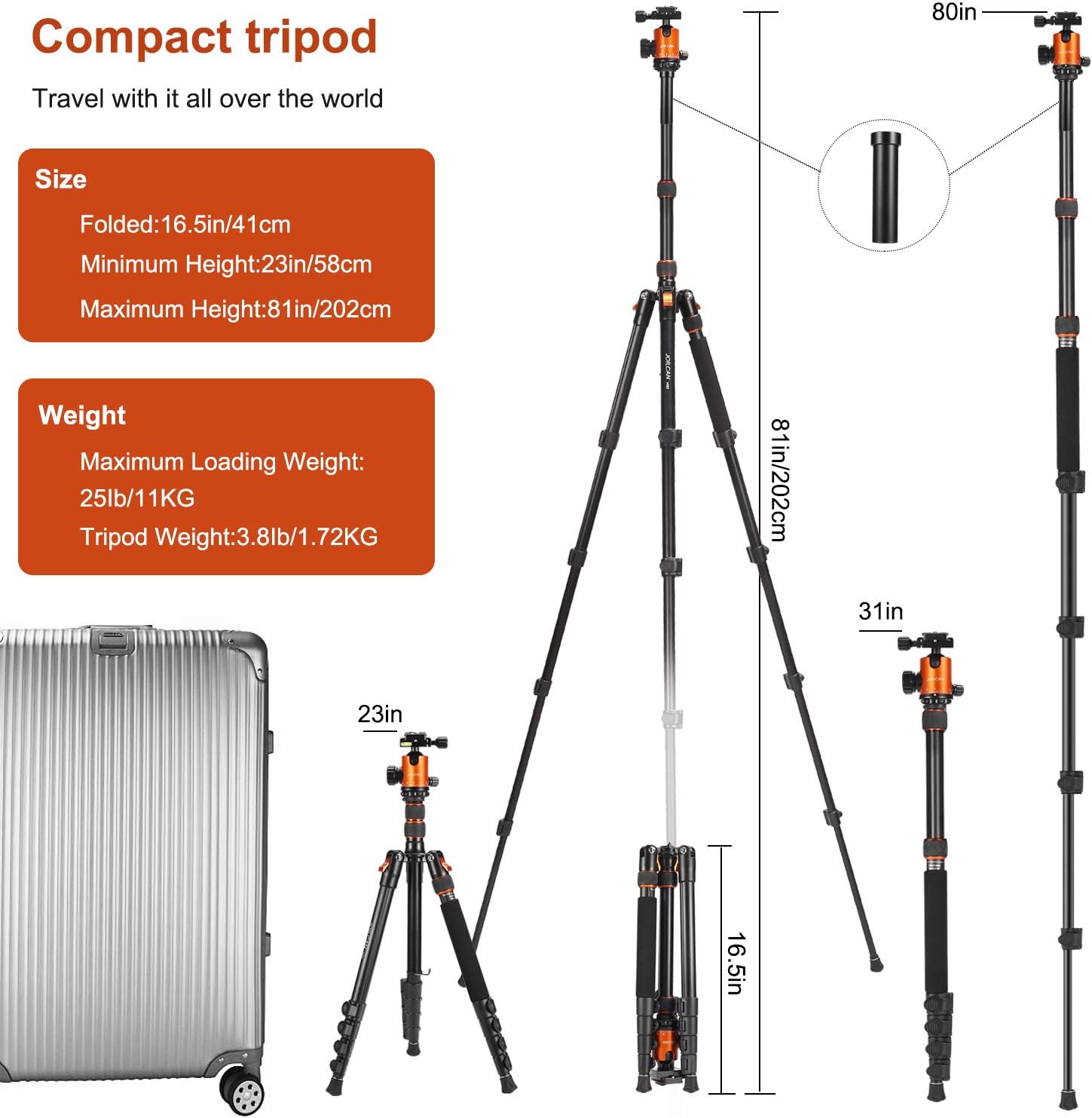 JOILCAN 81” Tripod, Aluminum Camera Tripod for DSLR, Compact Tripod Monopod 360° Panorama Ball Head with 2 Quick Release Plates, 16.5” When Folded, 25 lbs Loads -Orange : Electronics