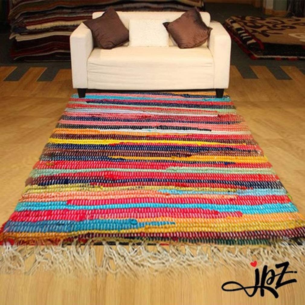 JKZ Fair Trade Multi Colored 100% Cotton Hand Made Recycle Indian Chindi Runner Rag Rug Area Floor Rug Size 60x90