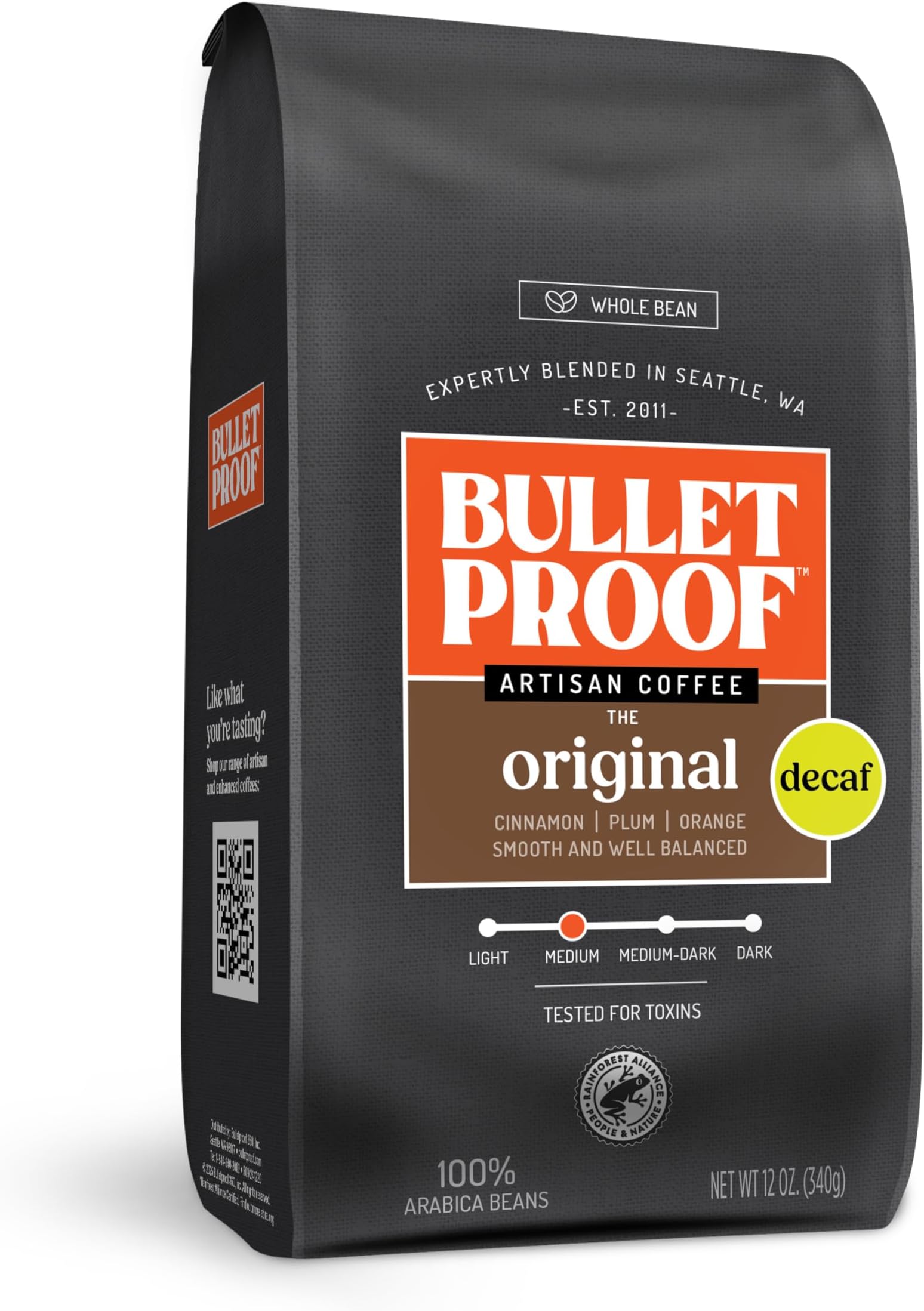 Bulletproof Original Medium Roast Whole Bean Decaf Coffee, 12 Ounces, Coffee Tested for Toxins, Packaging May Vary