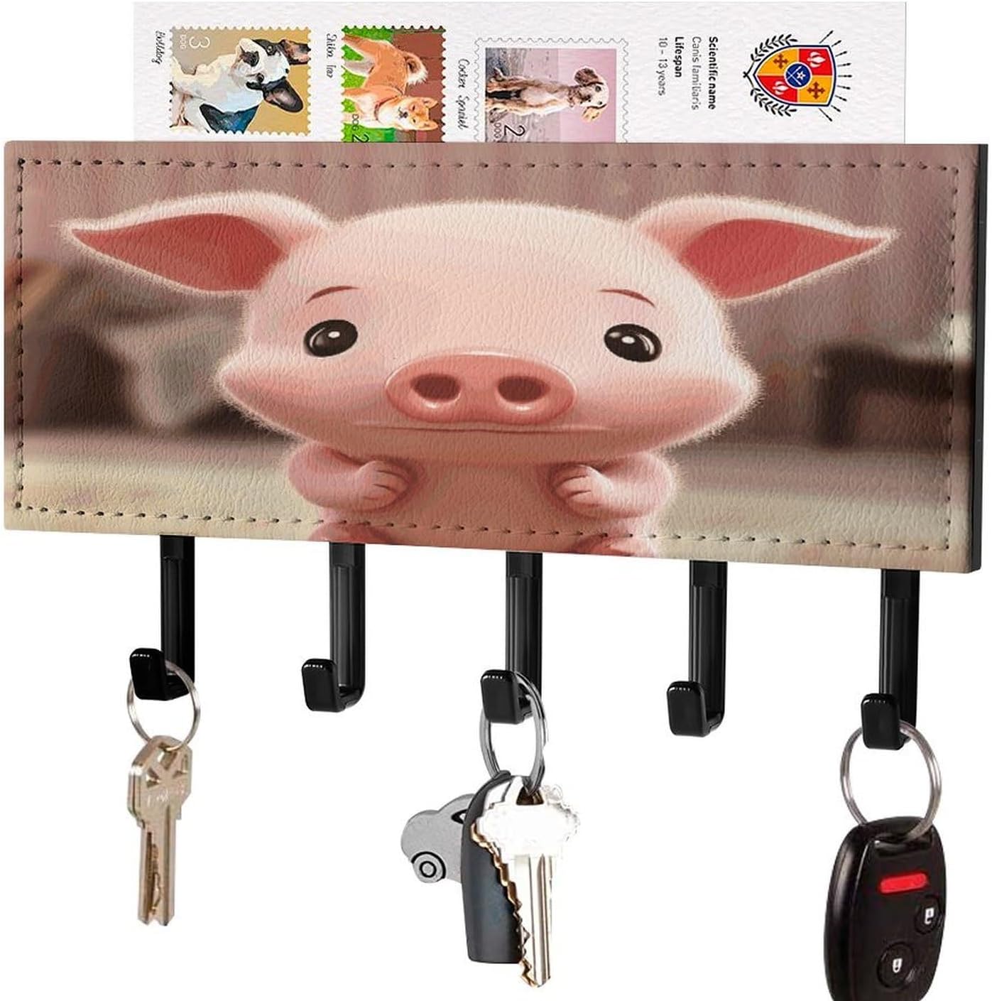 Key Holder Wall Mount Key Hanger with 5 Hooks, Decorative Key Rack | Cute Pig Hanging Key Hooks with Mail Organizer for Wall Living Room Kitchen Bathroom Hallway