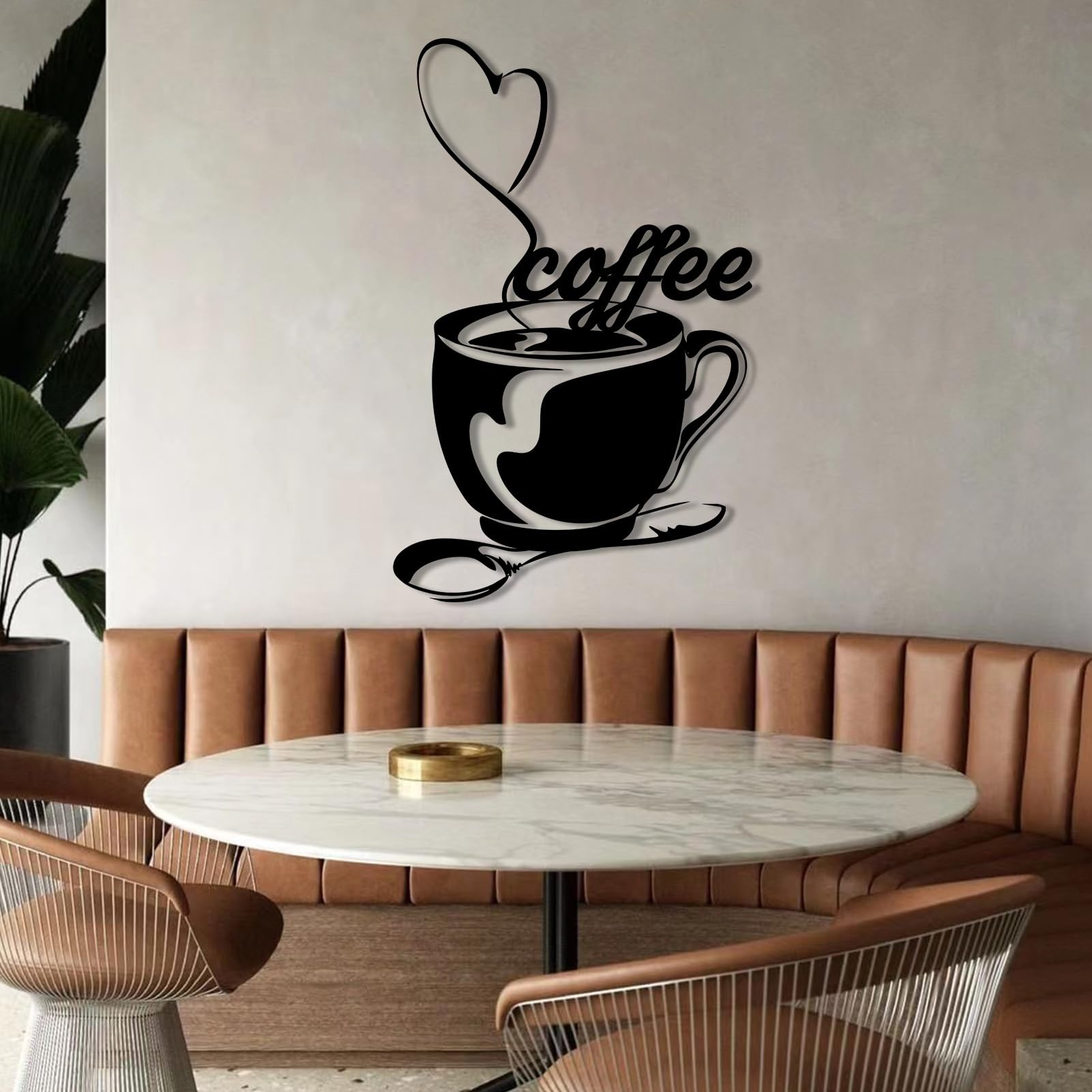 Schwarze Kaffeetasse aus Metall als Wanddekoration, Herzförmiger Löffel aus Metall als Wanddeko für Cafés, Moderne Kaffeeskulptur für Wohnzimmer, Schlafzimmer, Flur, Heimdekoration (Gold 30"