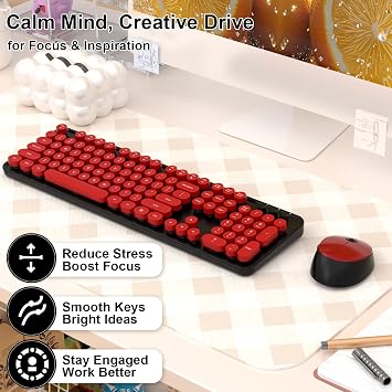 Wireless Keyboard and Mouse, COOFUN Retro Typewriter Keyboard with Round Keycaps, Full-Size Ergonomic, Ideal for Windows PC, Home, Office, and College Black and Red