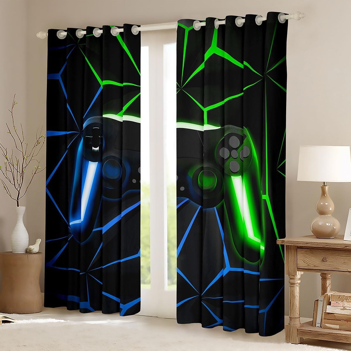 Erosebridal Gaming Curtains for Boys Kids Video Game Gamer Blackout Curtains for Living Room, Teens Blue Green Gamepad Curtains & Drapes 42''Wx63''L