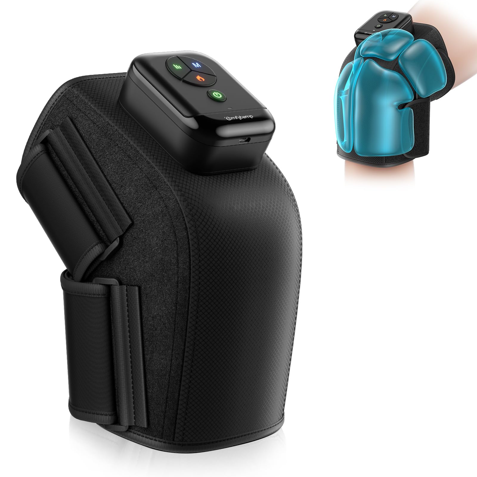 Comfytemp Kabelloses Kniemassagegerät Luftkompression 3D-Massage mit 2500 mAh Akku, Heizungfunktion für Knie mit DIY Kontrolle per App und Knopfdruck Vatertag