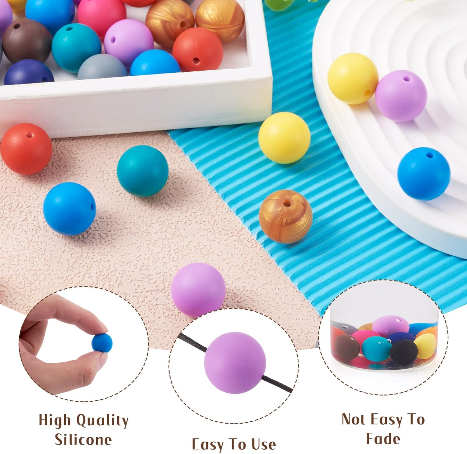Craftdady 120Pcs 15mm Round Silicone Beads 12 Colors Bubblegum Ball Beads Round Focal Beads Kit for Pens Keychain Making DIY Jewelry Gift Crafts
