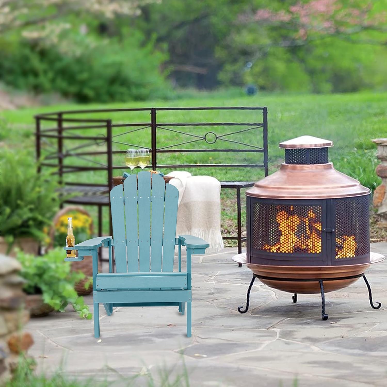Petybety Adirondack Chair Weather Resistant with Cup Holder, Plastic Fade-Resistant Lounge Chairs with 450lbs Duty Rating, All-Weather Outdoor Chair for Fire Pit, Patio, Garden (Turquoise) : Patio, Lawn & Garden