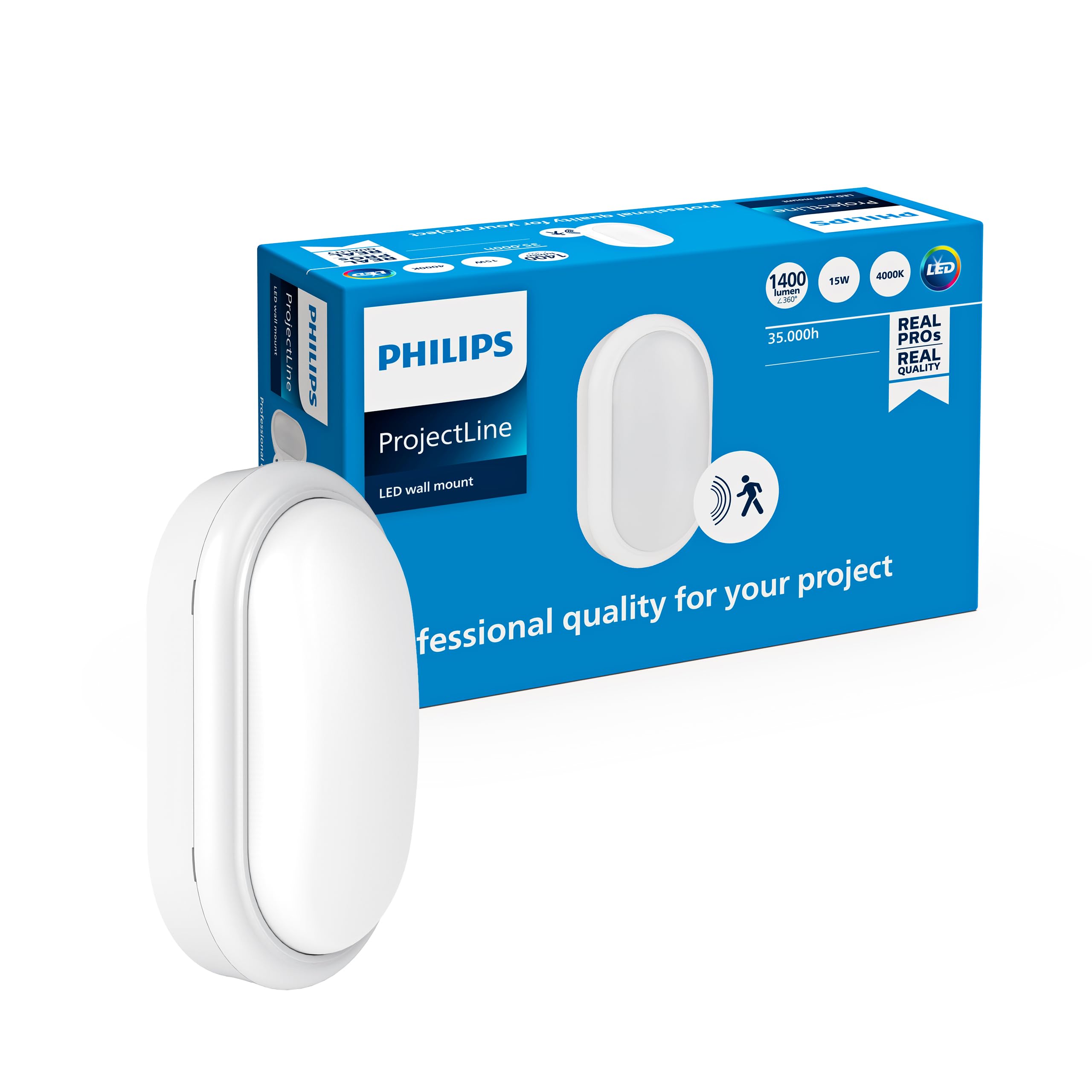 Philips ProjectLine LED wall Mount, 1400 lm, 4000 K, Integrated Sensor, Easy Installation, Indoor/Outdoor, Round, White