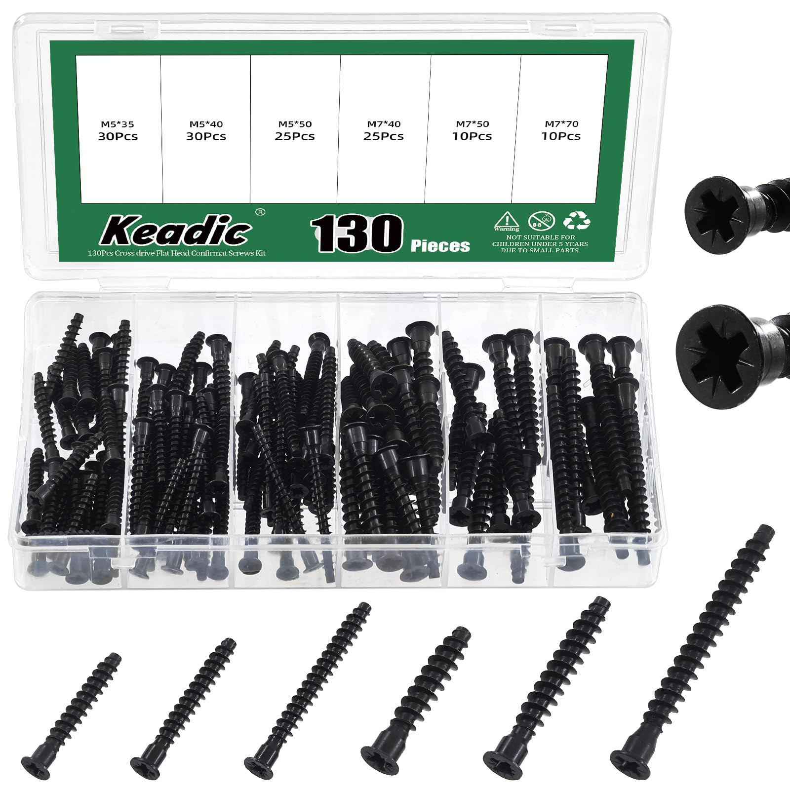 Keadic 130Pcs HighPoint Confirmat Screws, Flat Head Countersunk Screws, Black Zinc Plated Furniture Contecting Screw for Industrial and Scientific, M5 x 35mm/40mm/50mm, M7 x 40mm/50mm/70mm