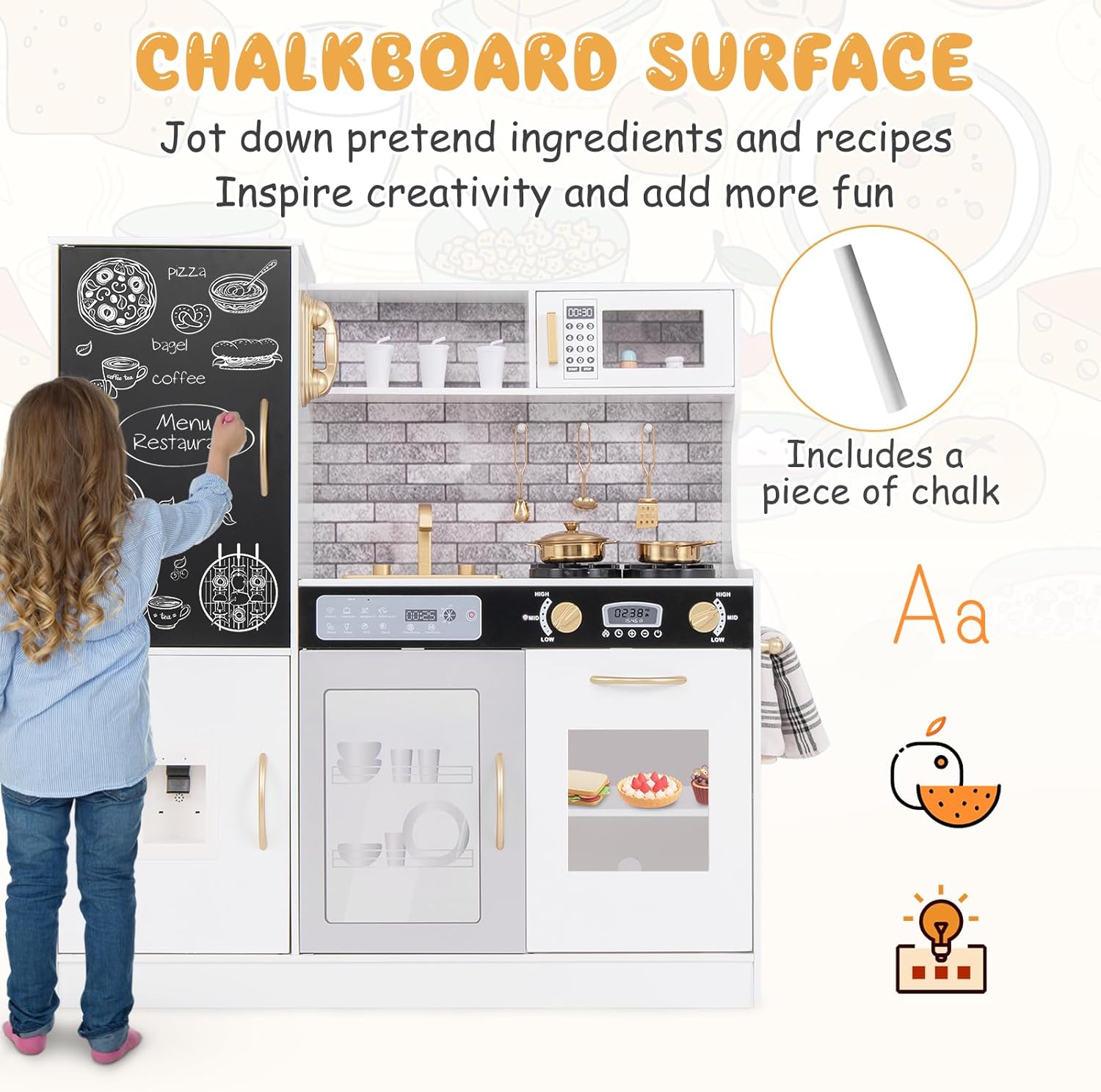 Costzon Kids Kitchen Playset, Large Wooden Chef Cooking Toy Set w/Real Sounds & Lights, Microwave, Blackboard, Oven, Ice Maker, Dishwasher, Play Phone, Utensils, Play Kitchen for Kids Ages 3+