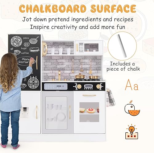 Miniatura 3 de Costzon Juego de cocina para niños, juego de cocina grande de madera con sonidos y luces reales, microondas, pizarra, horno, máquina de hielo