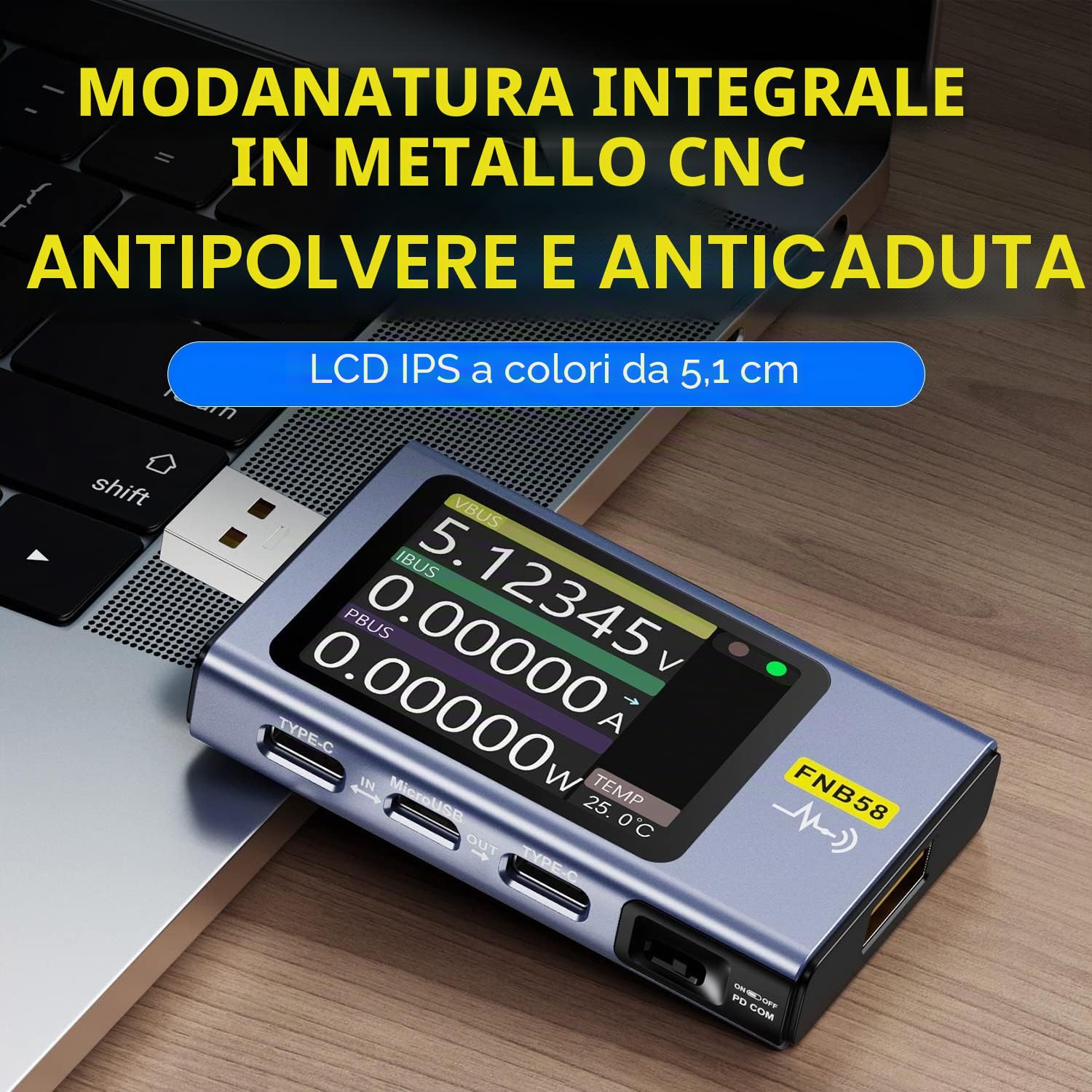 FNIRSI Tester USB 4-28V 7A con display LCD USB A&C, Multimetro per Test Tensione, Corrente, Capacità e Ripple con Software App, Rilevamento Rapido Della Ricarica, PD2.0/3.0, QC2.0/3.0