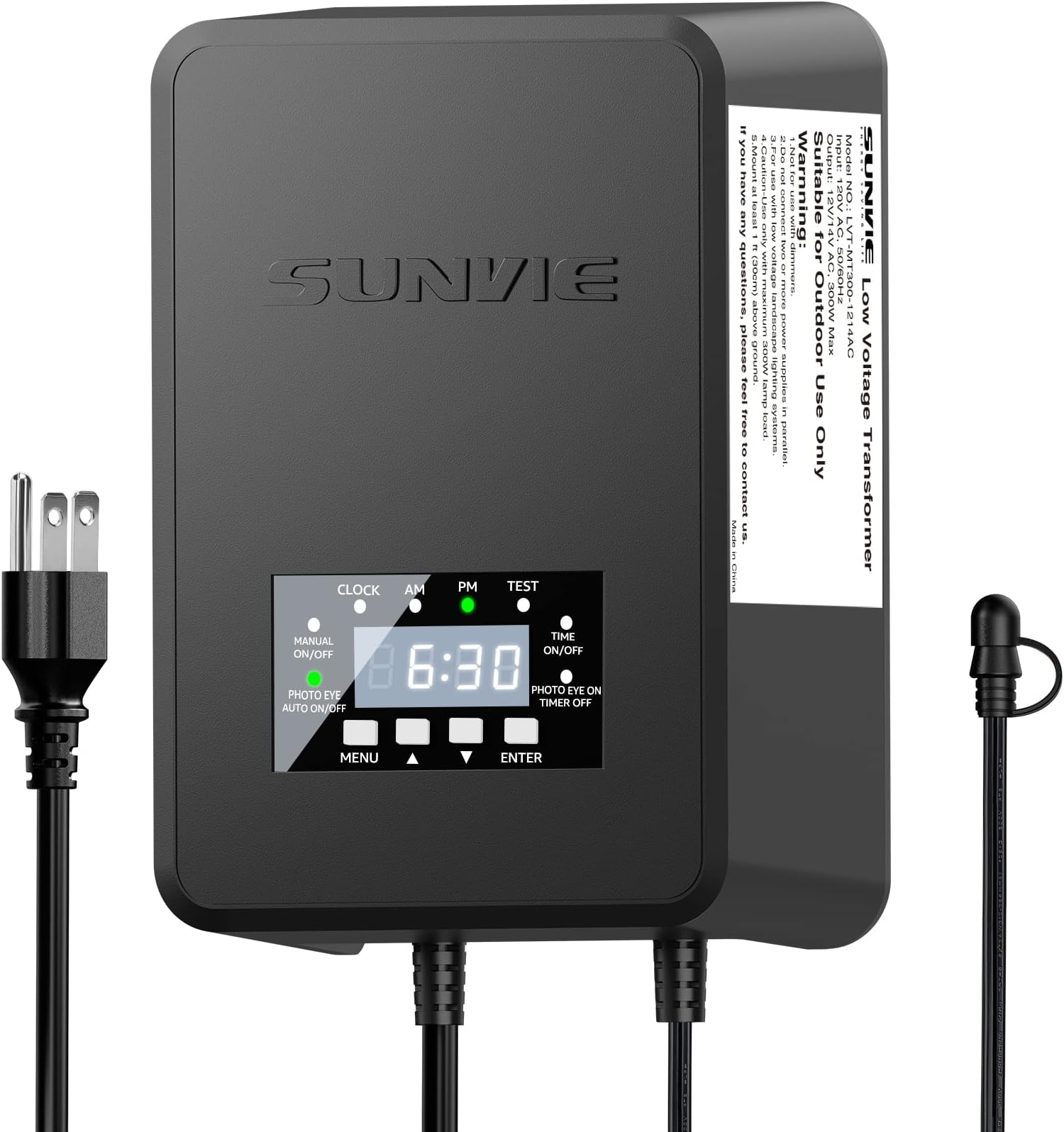 SUNVIE 300W Low Voltage Transformer with Timer and Photocell Sensor Landscape Lighting Transformer Waterproof 120V to 12V/14V AC Outdoor Low Voltage Transformers for Landscape Pathway Lights Spotlight