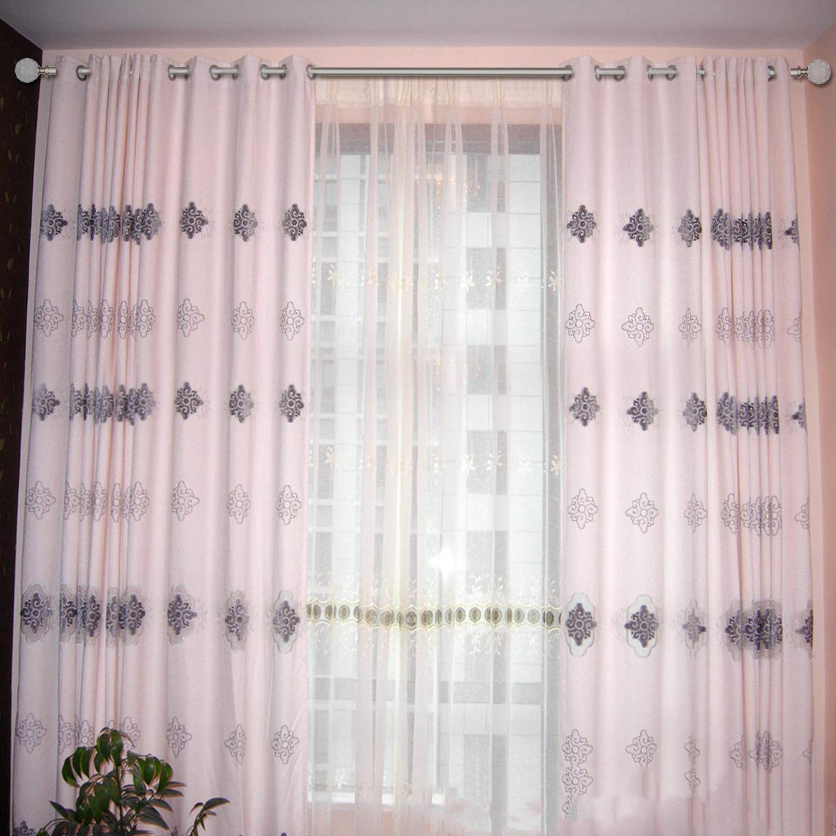 Coquilles 3/4 Inch Diameter Adjustable Curtain Metal Rod with Round Clear Acrylic Ball Finials?48 to 84 Inch Nickel