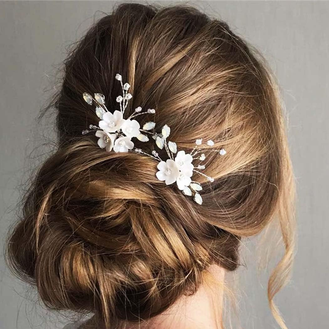 Fstrend Wedding Bridal Hair Pins Bride Flower Pieces Rhinestone Pearls Accessories Clip for Women and Girls