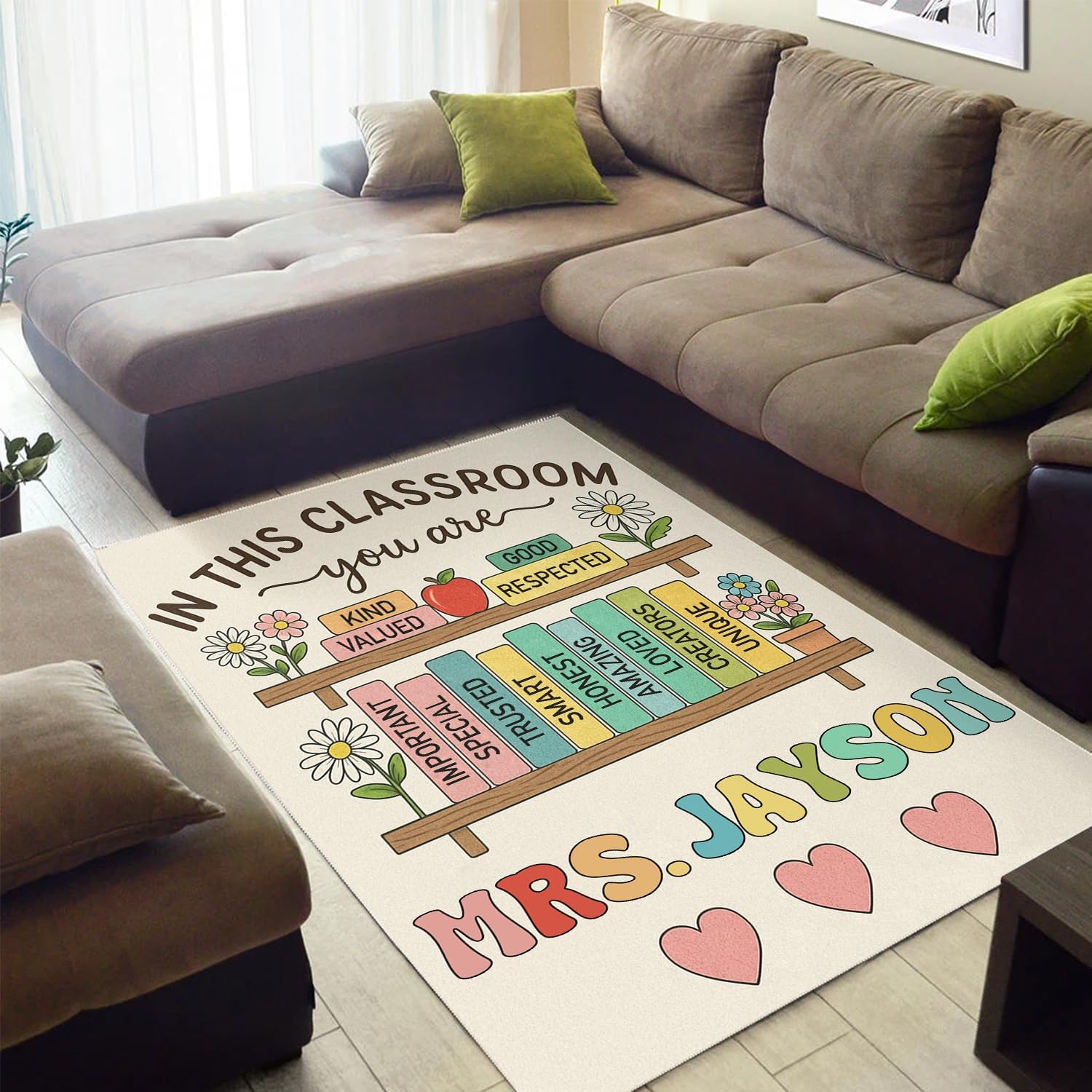 Personalized Pastel Classroom Rugs Elementary – in This Classroom You are Loved Motivational Teacher Area Rug with Name Carpet with Bookshelf & Positive Words Back to School Decor