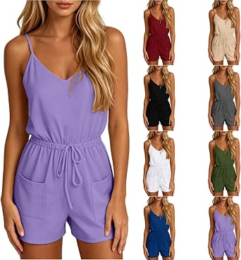 Sleeveless Rompers For Women Casual Summer Drawstring Elastic Waist Short Jumpsuits Thin Strap V Neck Cami Overalls