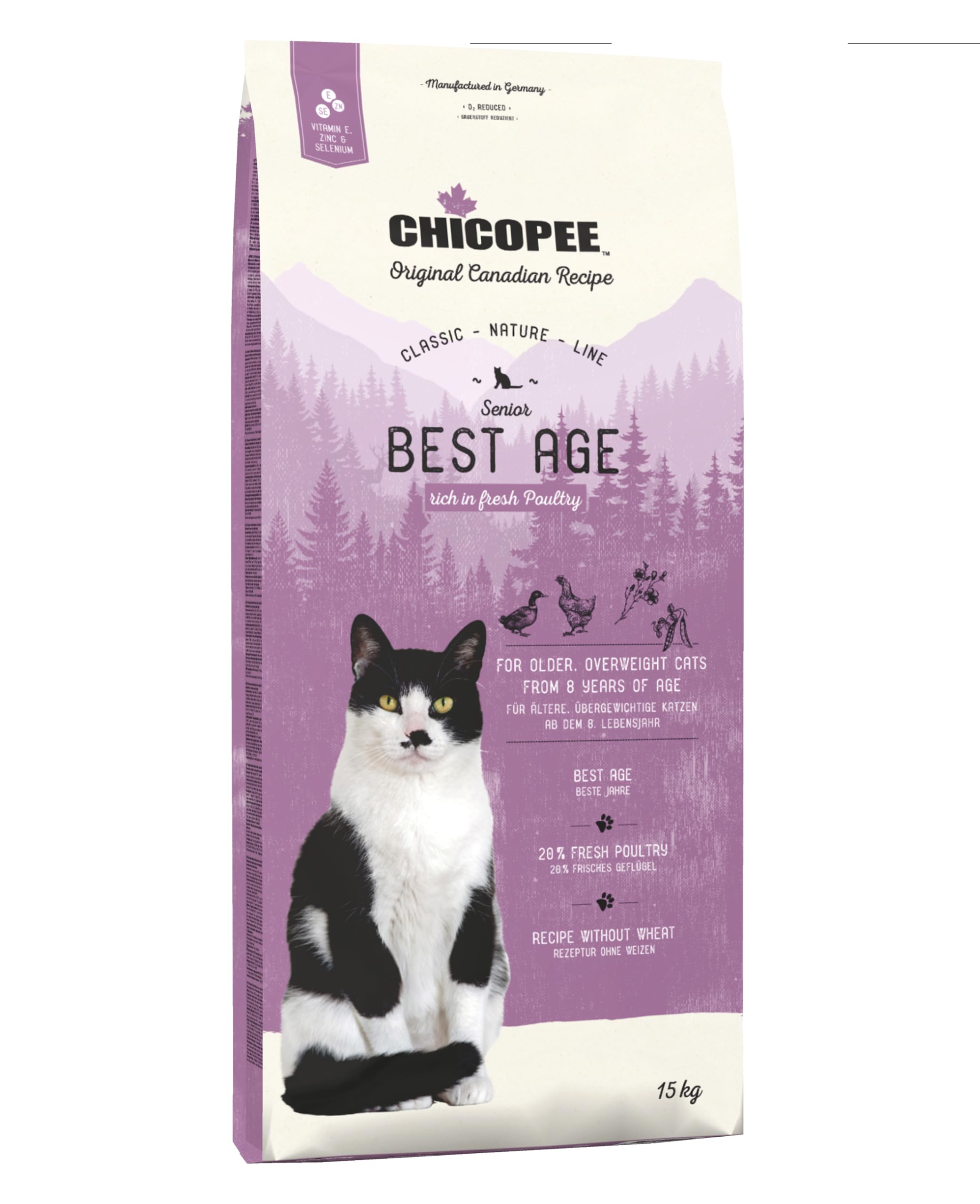Chicopee Classic Nature Line | Senior Best Age | Katzenfutter trocken | Frisches Geflügel | Für ältere Katzen | Vitamine, Selen, Zink | Inspiriert von der Natur Kanadas | 15 kg
