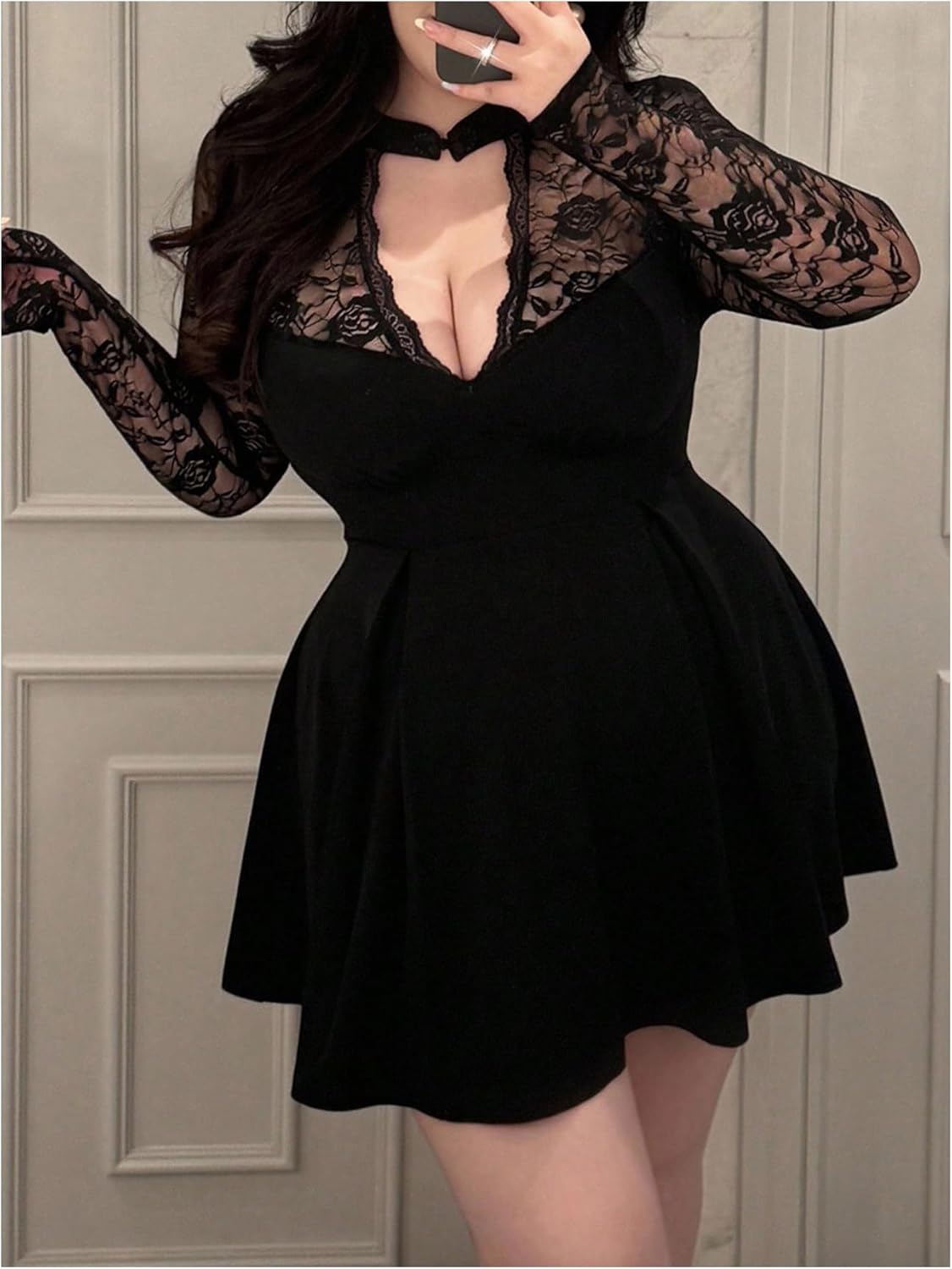 Women's Plus Size Lace Mini Dress Mandarin Collar Long Sleeve A Line Date Night Party Dresses - Image 3