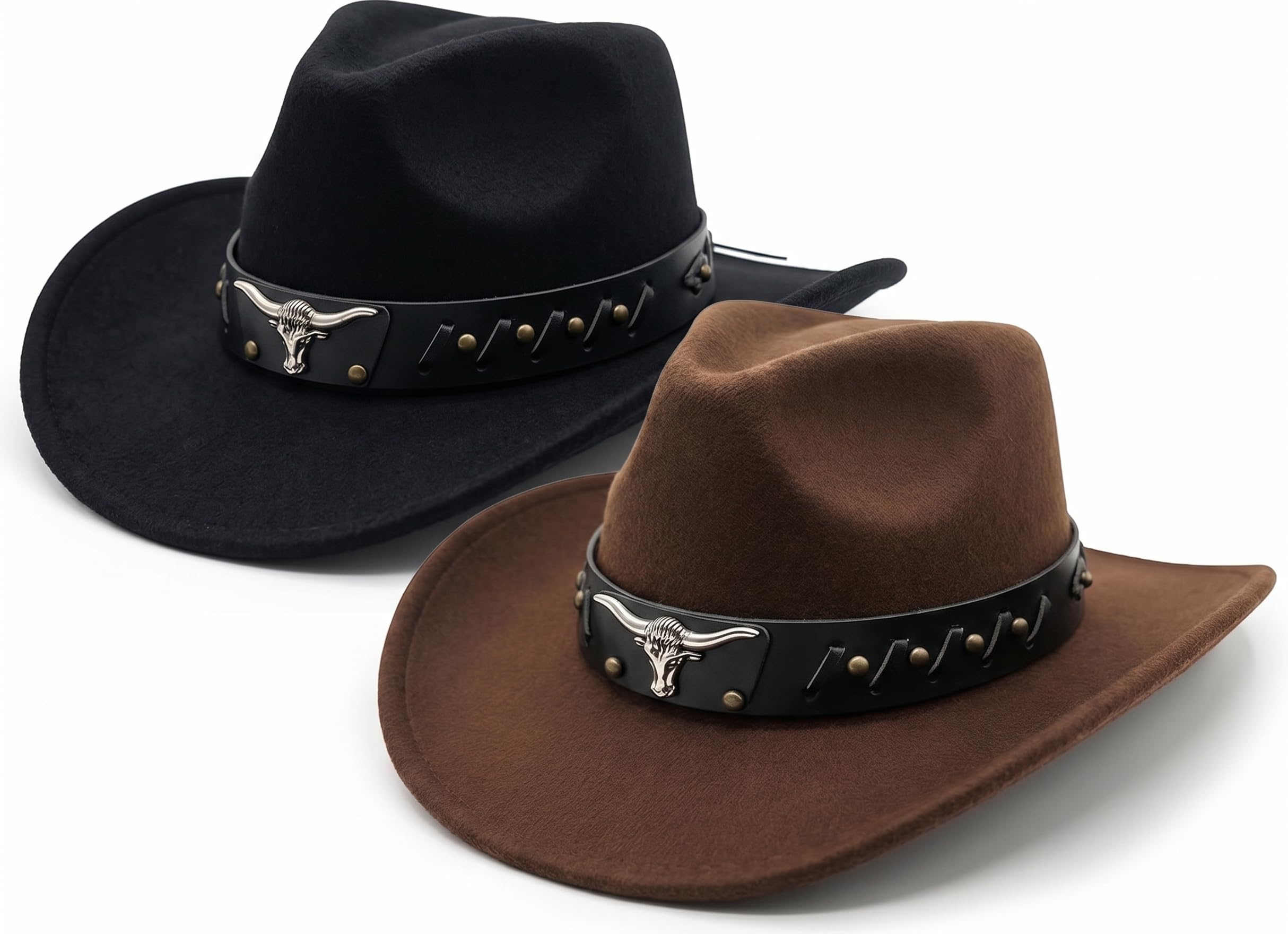 2pc Western Cowboy Hats for Men and Women - Classic Cowboy Hats for Adults with Bulls Head Design - Cow Boy Costume Accessories for Wild West Fancy Dress - Country and Western (1pc Black & 1pc Brown)