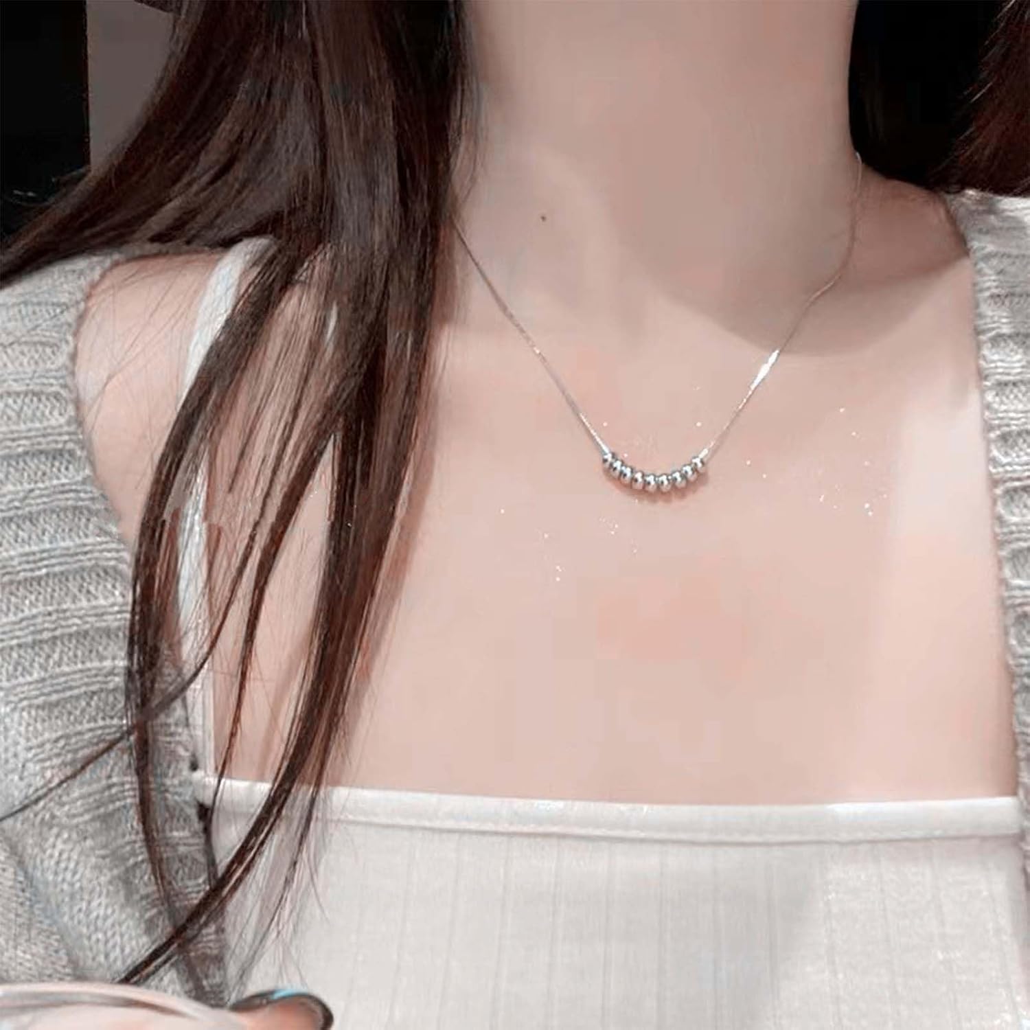 Vintage Silver Bead Pendant Necklace Boho Beaded Choker Necklace Flat Bead Chain Necklace Silver Minimal Necklace Jewelry for Women - Image 5