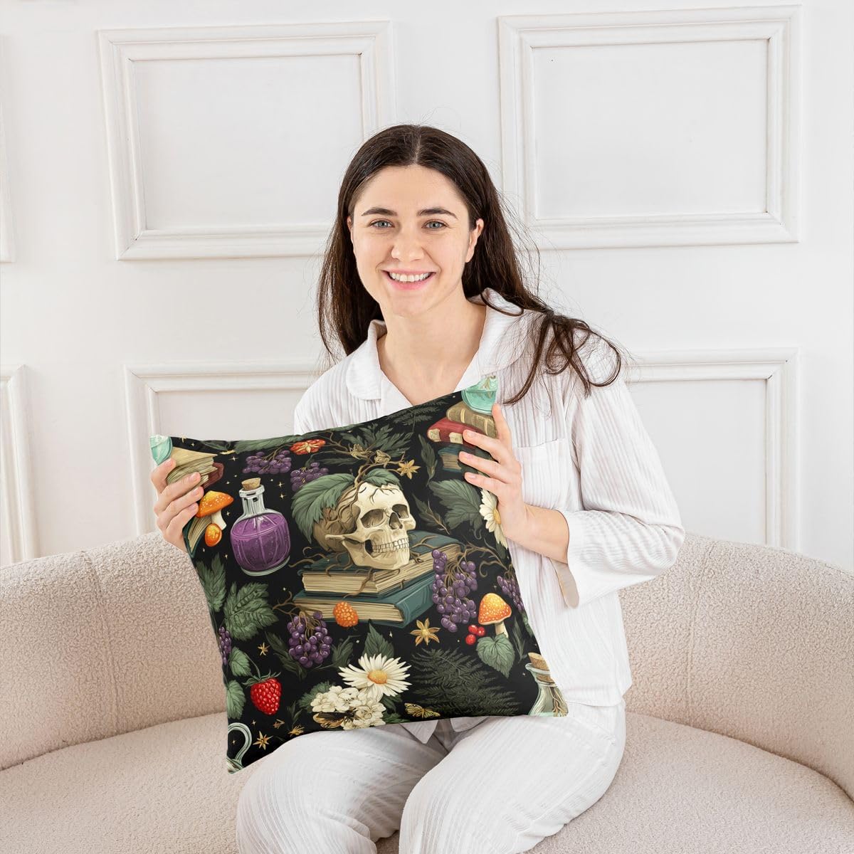 Witchy Gothic Skull Throw Pillow Covers 20x20 Set of 2 Mystical Forest Botanical Floral Pillow Covers Whimsical Wizard Tarot Room Decor Cushion Cover Occult Vintage Aesthetic Pillow Cases For Couch image 4
