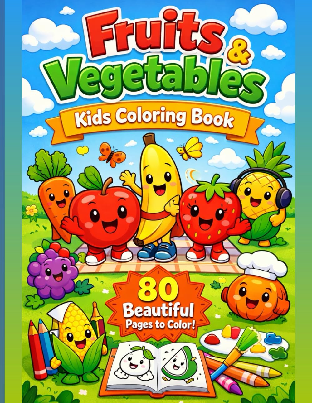 Fruits & Vegetables Coloring Book for Kids: 80 Fun & Easy Pages of Cute Fruit and Veggie Friends – Ages 3-8