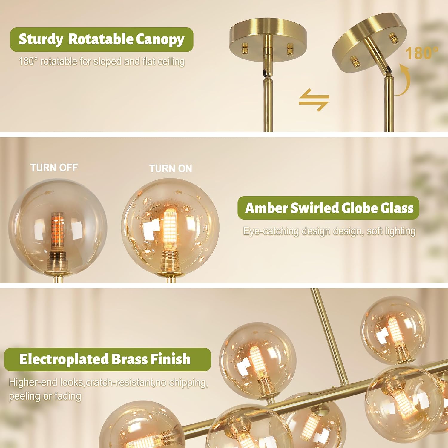 Gold Linear Chandelier, 8-Light Amber Glass Globe Chandelier Mid Century Modern Sputnik Chandeliers for Dining Room 37" Dining Room Light Fixture Pendant Kitchen Island Lighting, Electroplated Brass
