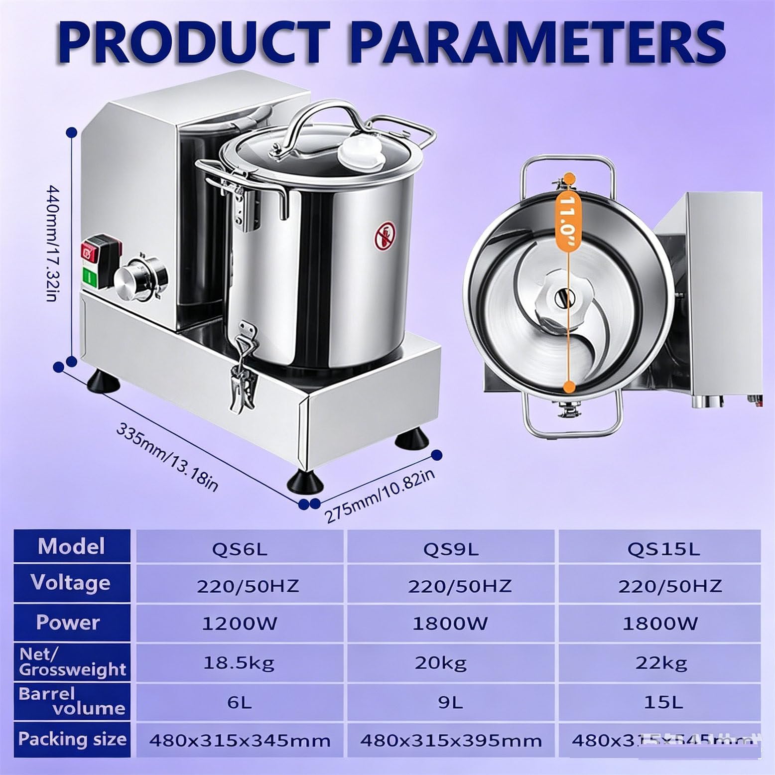 Procesador de Alimentos eléctrico con Capacidad de 6L/9L/15L, Picador de Verduras y Molinillo de Carne Comercial con Velocidad Variable de 3700 RPM, máquina para preparación (9l)