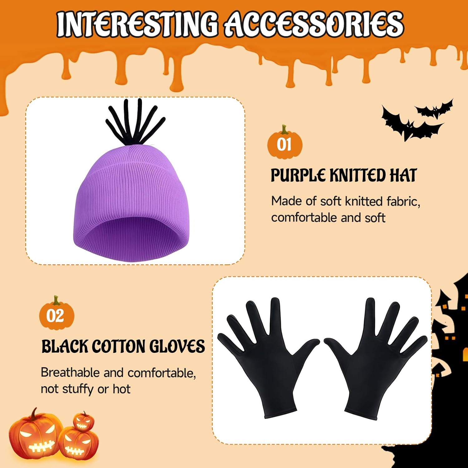 Halloween Costume Cosplay for Women Adult– Yellow or Purple Beanie, Tutu Dress, Goggles, Black Gloves & Suspenders - Image 4