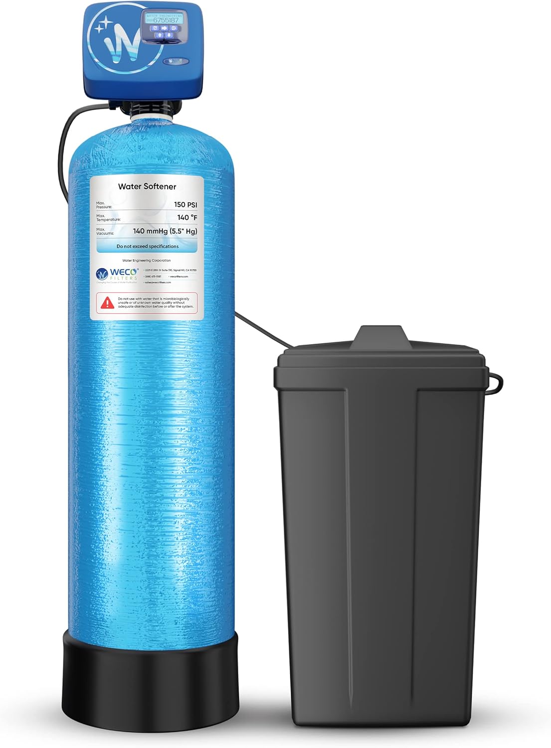 WECO 1" MNPT in/Out Ports High-Efficiency Water Softener System - ‎LCD Display with Touch Screen Water Softener for Water Hardness Reduction - Stainless Finish - 50 Gallons per Flush - (UXC-1354)