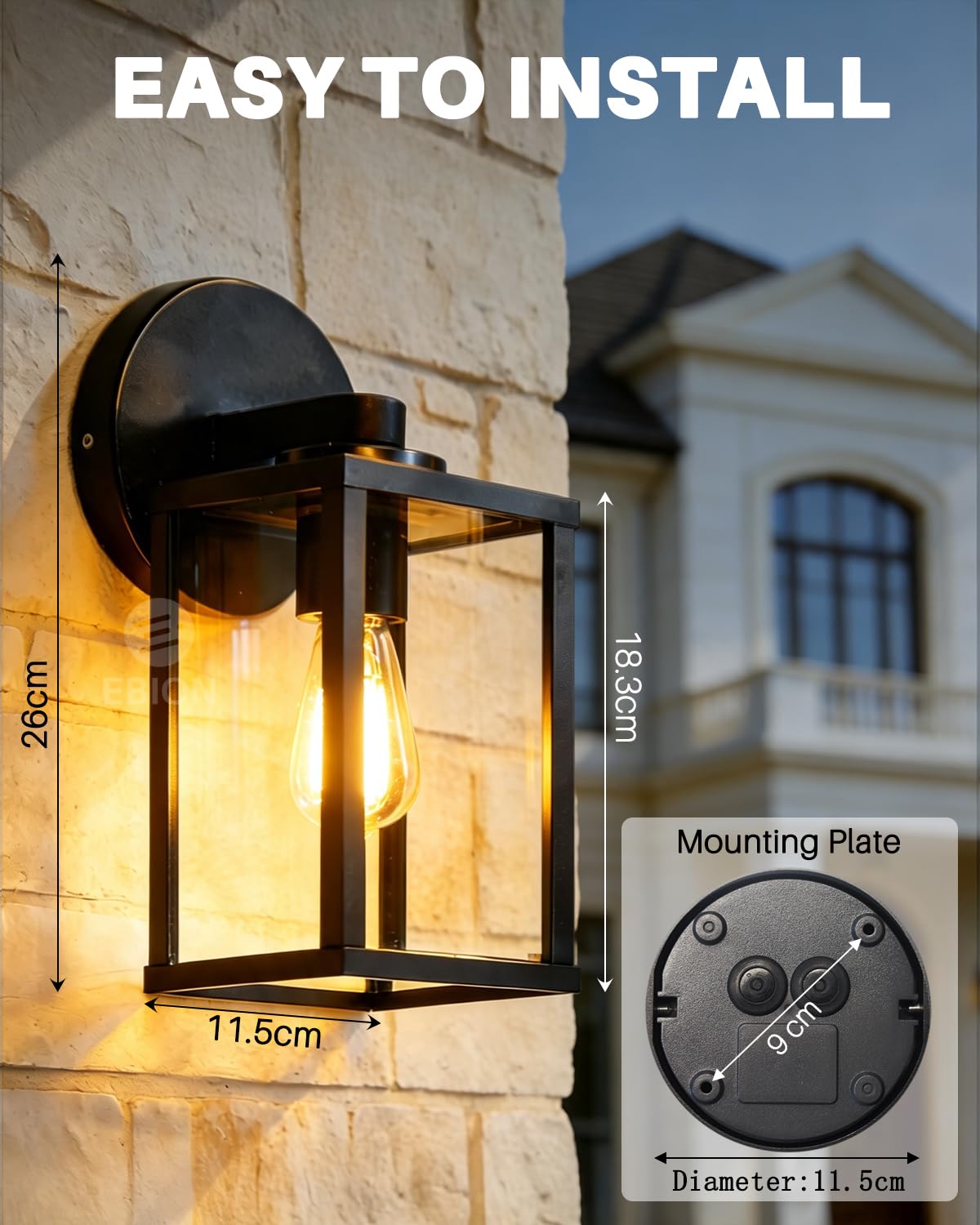 EBION 2 Stück Wandleuchte aussen E27, Wandlampe aus Aluminium + Glas, Modern Terrassenbeleuchtung, Außen Wandleuchte, IP44 Wasserdicht, Schwarz (ohne Leuchtmittel)