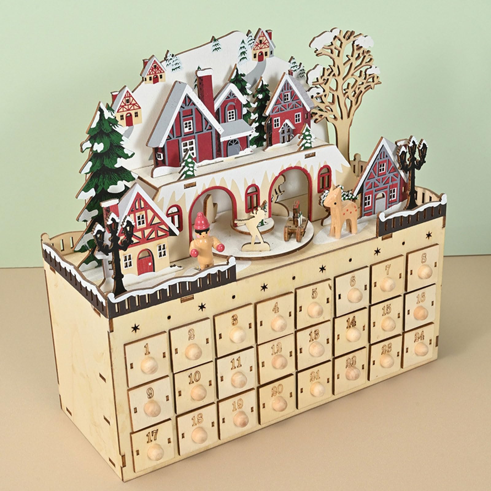 Gabinete de Calendario de Adviento de Navidad de Madera Natural con 24 Compartimentos de Regalo Adorno de Cuenta Regresiva de Casa de Pueblo Gabinete de Calendario de Cuenta Regresiva de Navidad