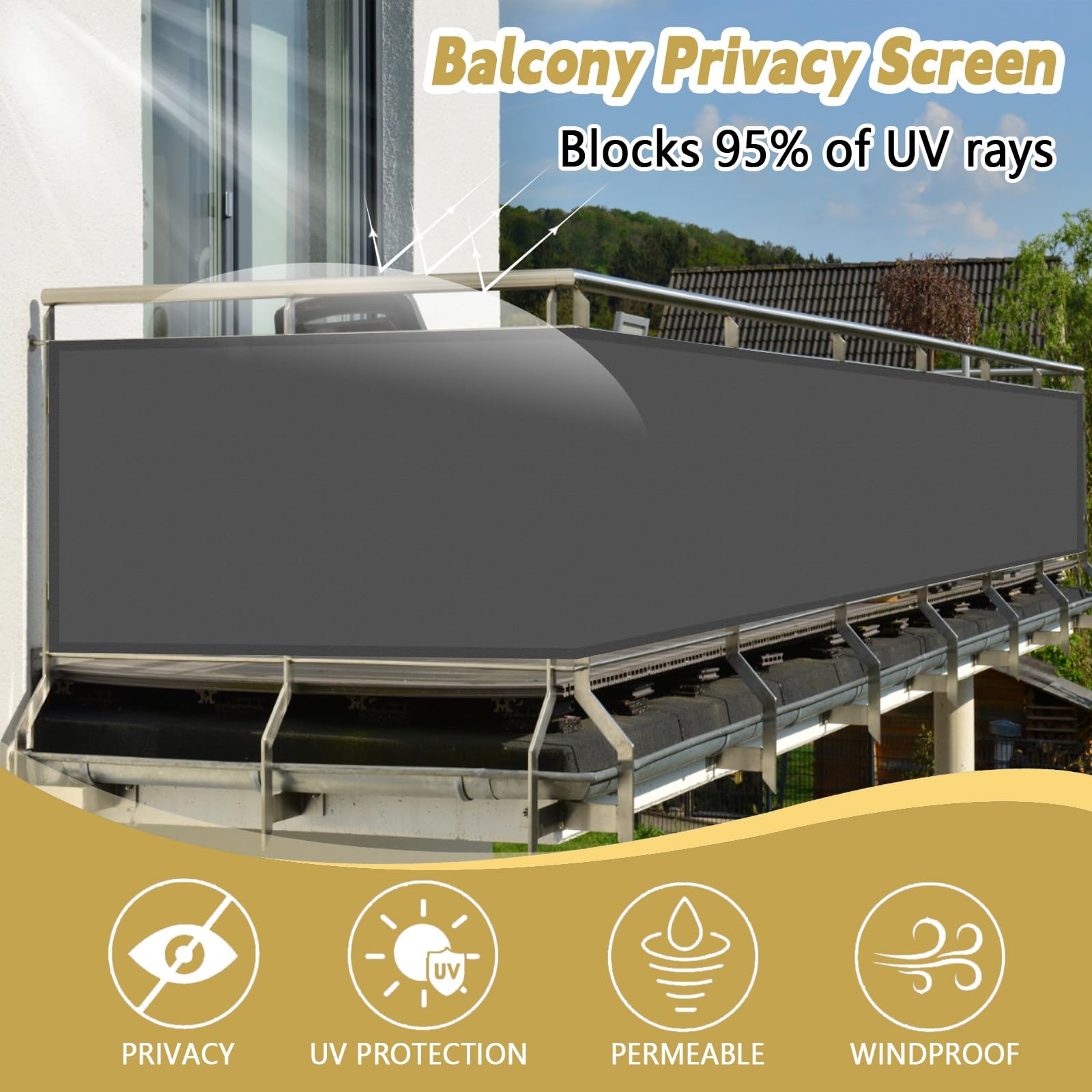 Frangivisto Balcone 0.7 x 1.5 m Protezione Impermeabile Copri Ringhiera Balcone Privacy Frangivento Protezione UV Telo Frangi-Vista per Terrazza e Giardino, Grigio Scuro