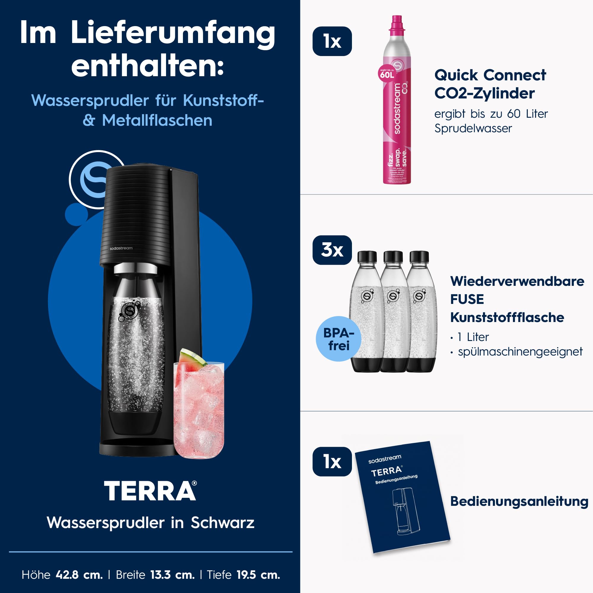 Sodastream TERRA Wassersprudler, Soda Stream Maschine mit Quick Connect 60L CO2-Zylinder, 5x 1L Kunststoff-Sprudlerflaschen, Schwarz