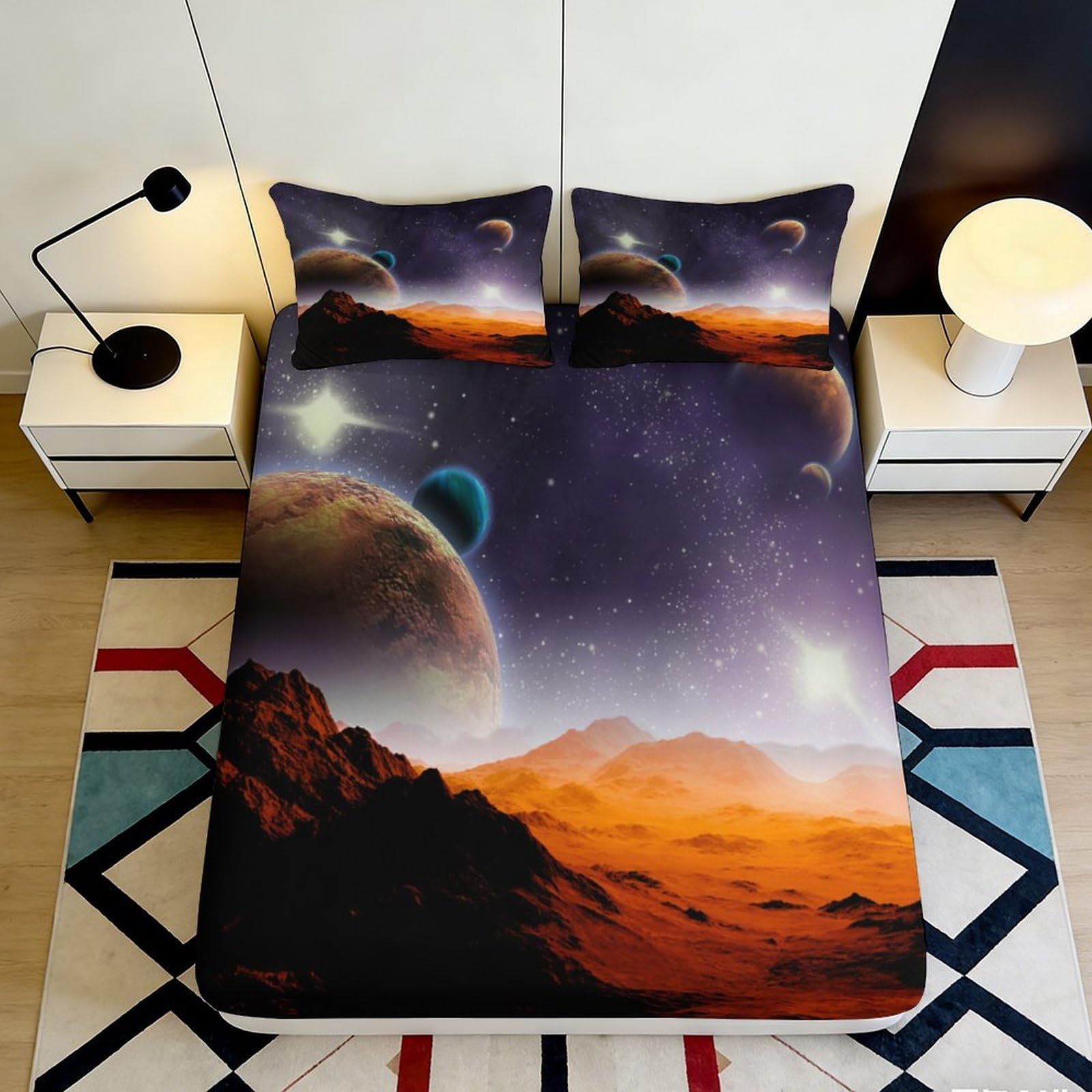 3D Printed Space Planet Fitted Sheet Microfiber Soft Breathable Cosmic Landscape Mattress Cover for Bedroom Guest Room Decor 90x200x25cm