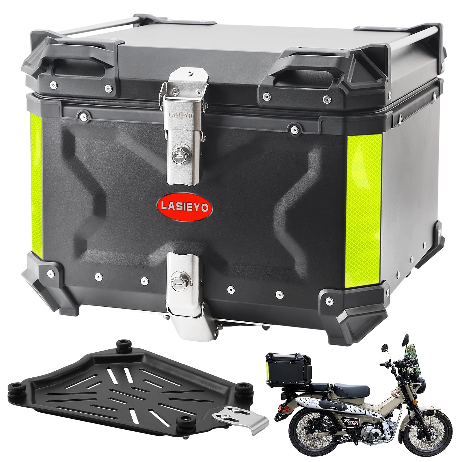 puseky Top Case pour moto, 55 l, bagage de moto en aluminium avec serrure de sécurité pour rangement du casque, grand bagage, coffre de moto imperméable