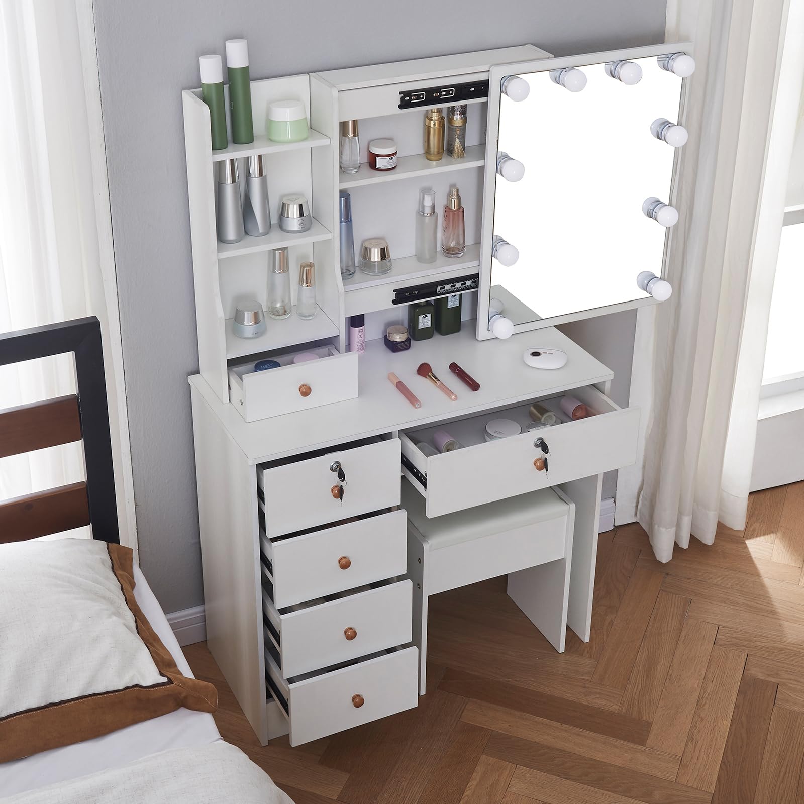 Jarbalai Vanity Desk with Mirror and Lights, White Modern Makeup Vanity Dressing Table with Lighted Mirror, 5 Drawers and Cushioned Stool, Bedroom Makeup Desk Vanity Set for Kids