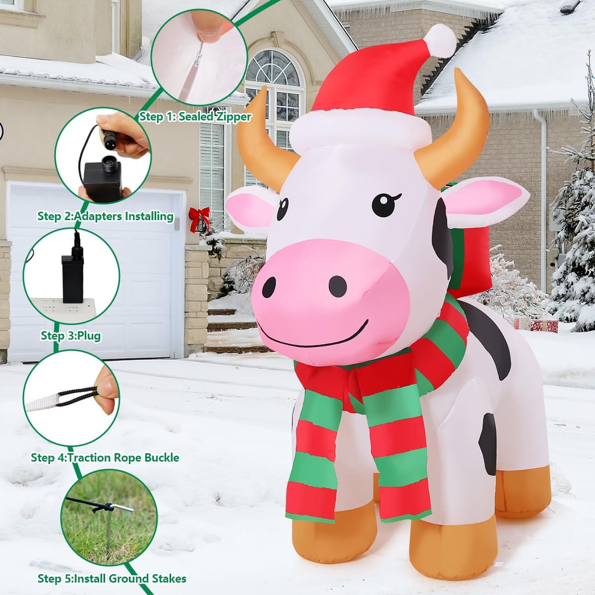 COMIN 5.9 FT Christmas Inflatables Outdoor Decorations Inflatable Cow with LEDs,Quick Blow Up with Built-in LEDs for Yard Party Lawn Decor - Image 3