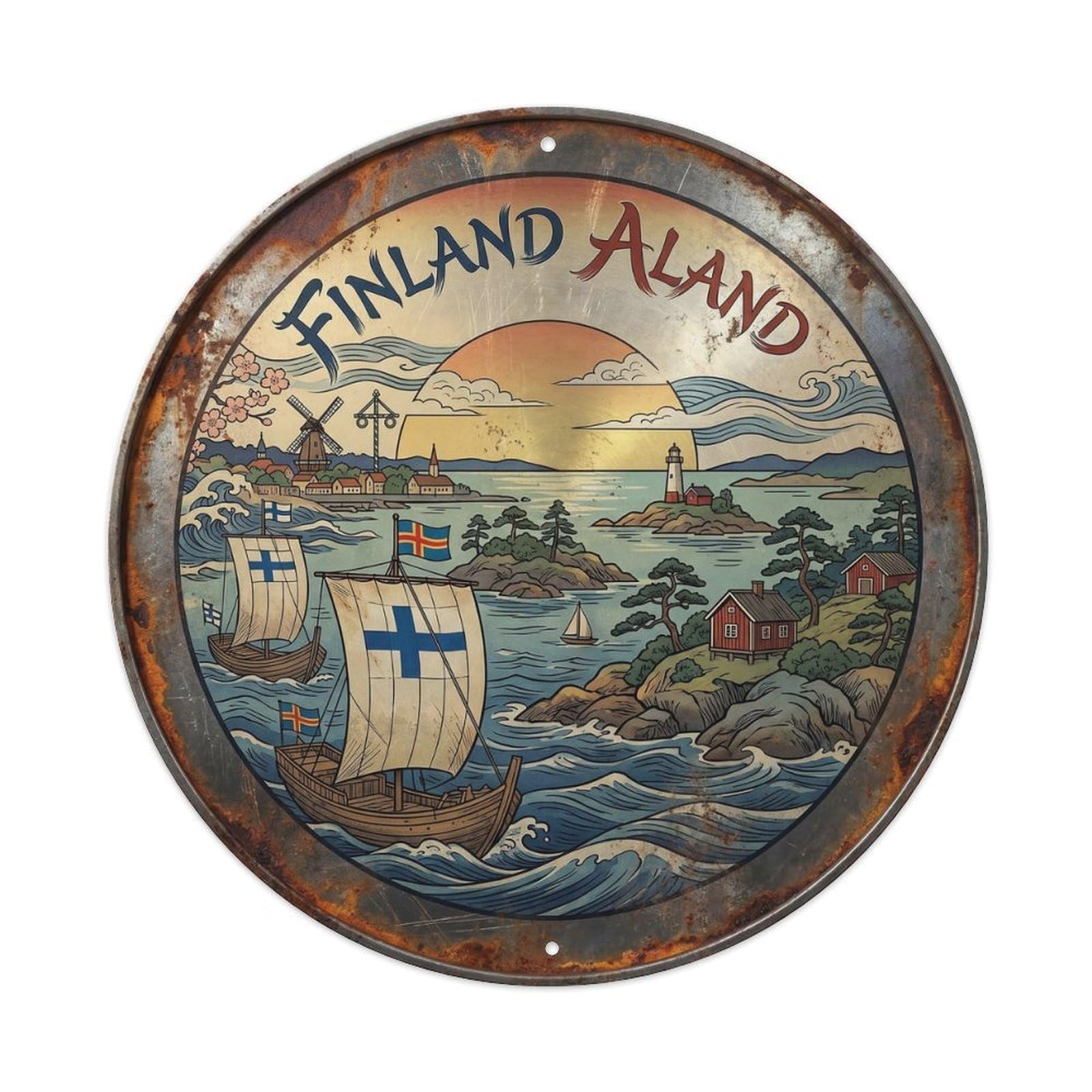 Aland Archipelago Finnish Woodblock Seaside Scenery Metal Tin Sign