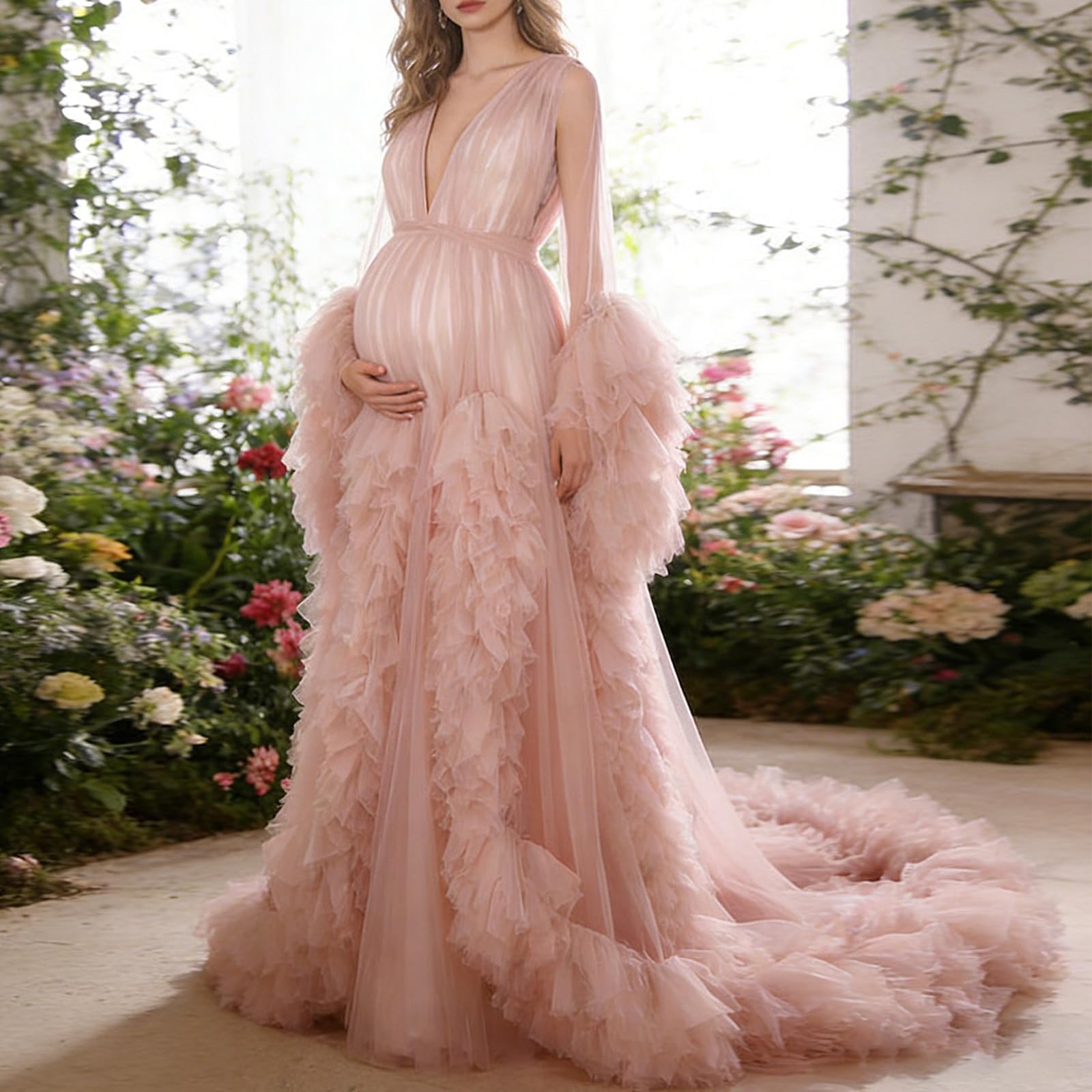Elegante vestido de maternidad con malla de poliéster transpirable para fotografía de embarazo y eventos especiales. Vestido elegante