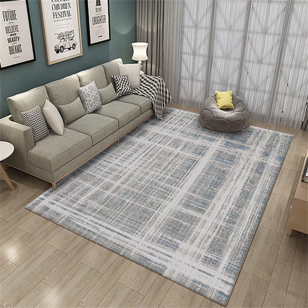 Tapis de salon doux 180x230cm gris et bleu rayé pour chambre d'enfant